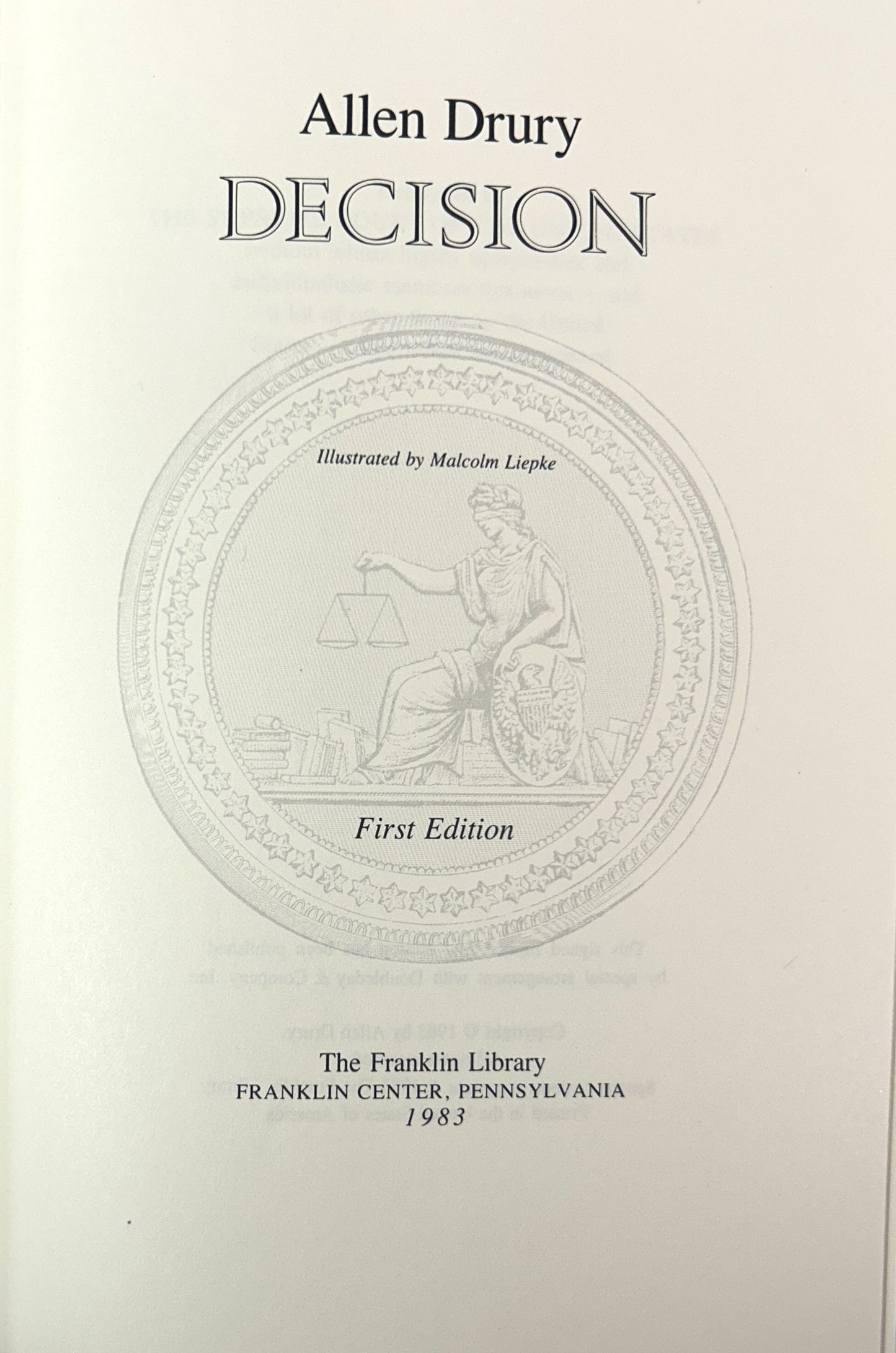 Franklin Library: Decision by Allen Drury 1983 SIGNED 1st Edition