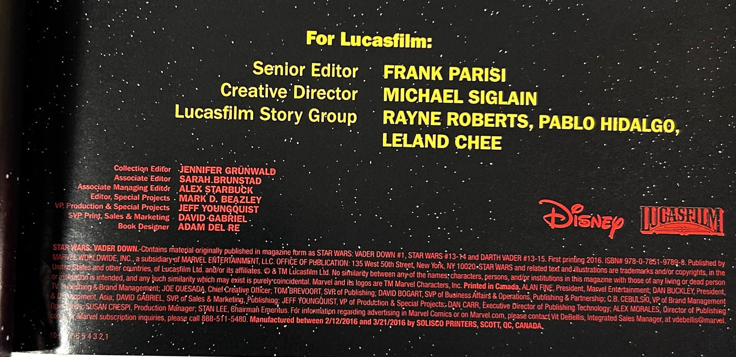 Marvel: Star Wars: Vader Down 2016 1st Printing