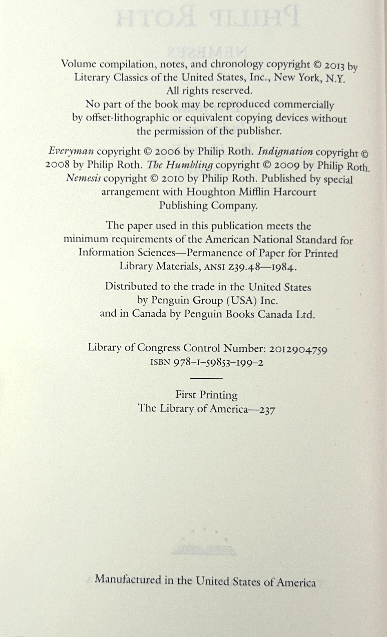 Library of America: Lot of 9 Philip Roth 2005-2013
