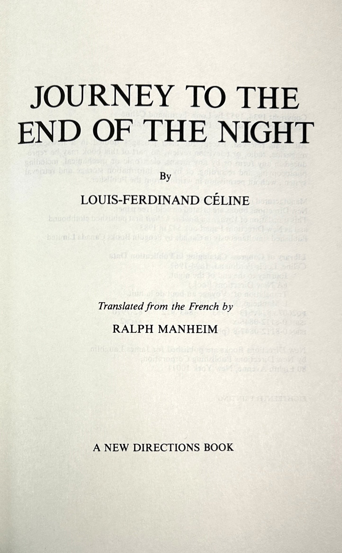 Journey to the End of the Night by Celine Translated by Ralph Manheim 1983 18th Print