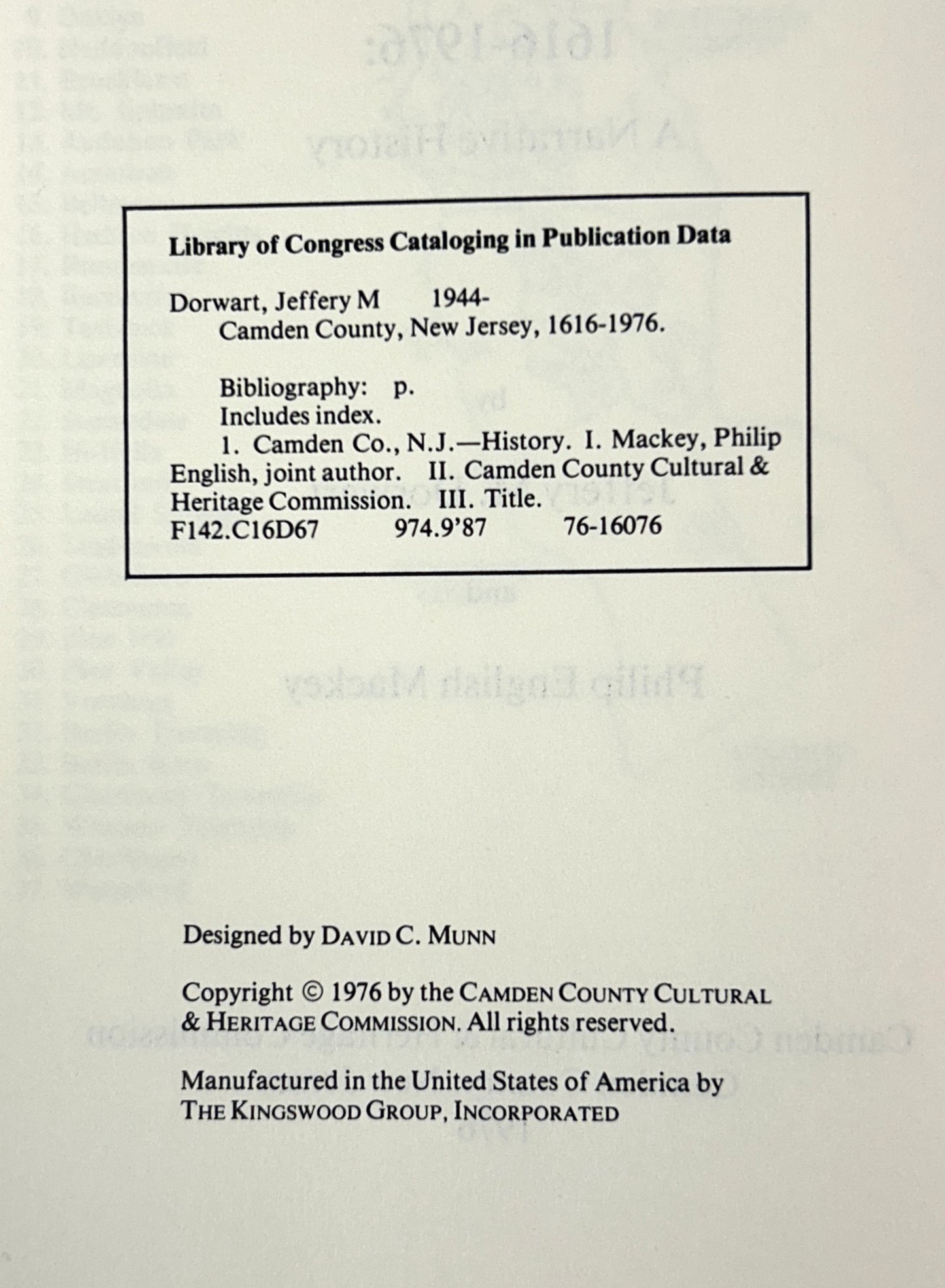 Camden County, New Jersey 1616-1976 A Narrative History by Jeffrey Dorwart & Philip English Mackey 1976