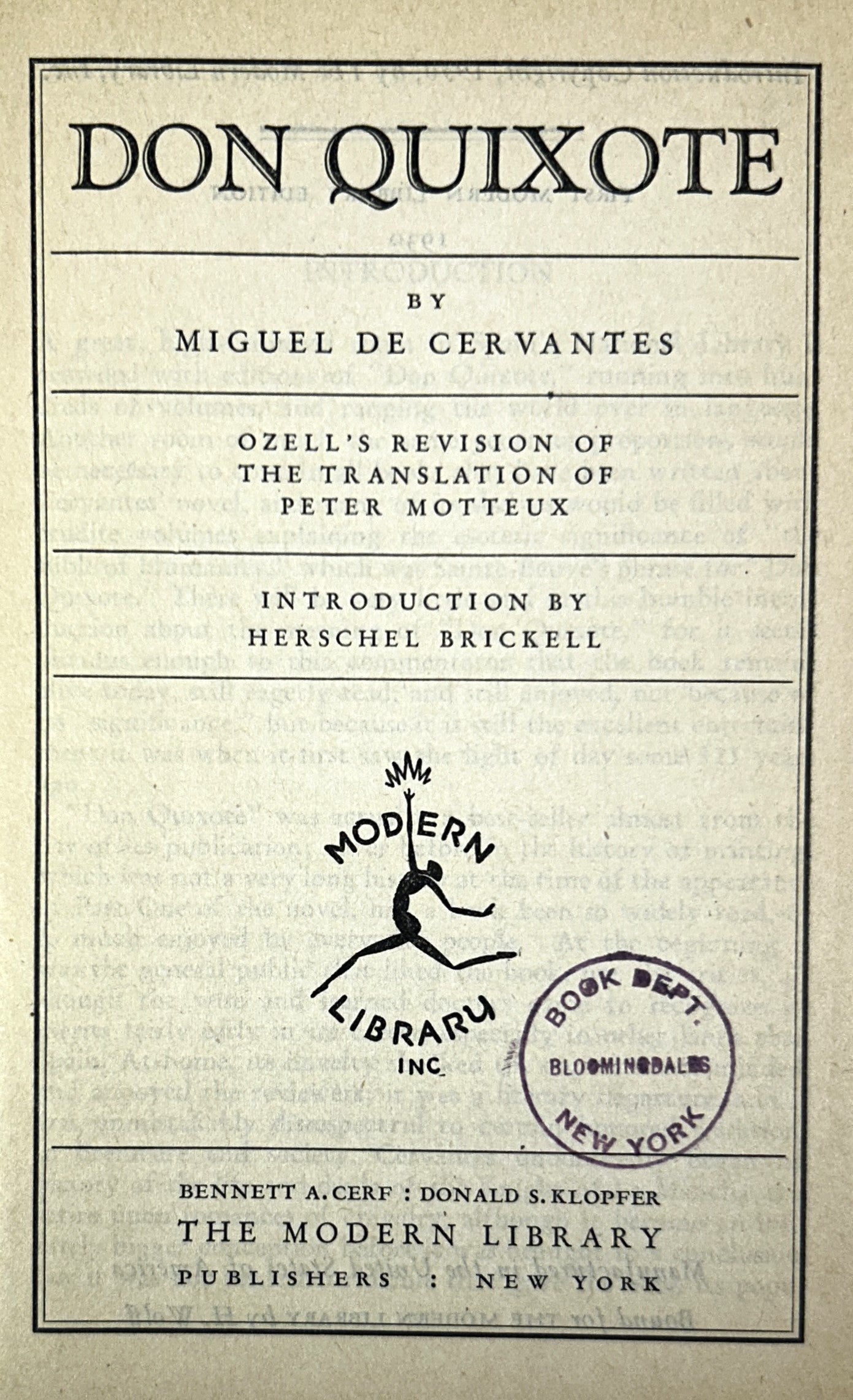 Modern Library: Don Quixote by Cervantes 1930 1st Edition