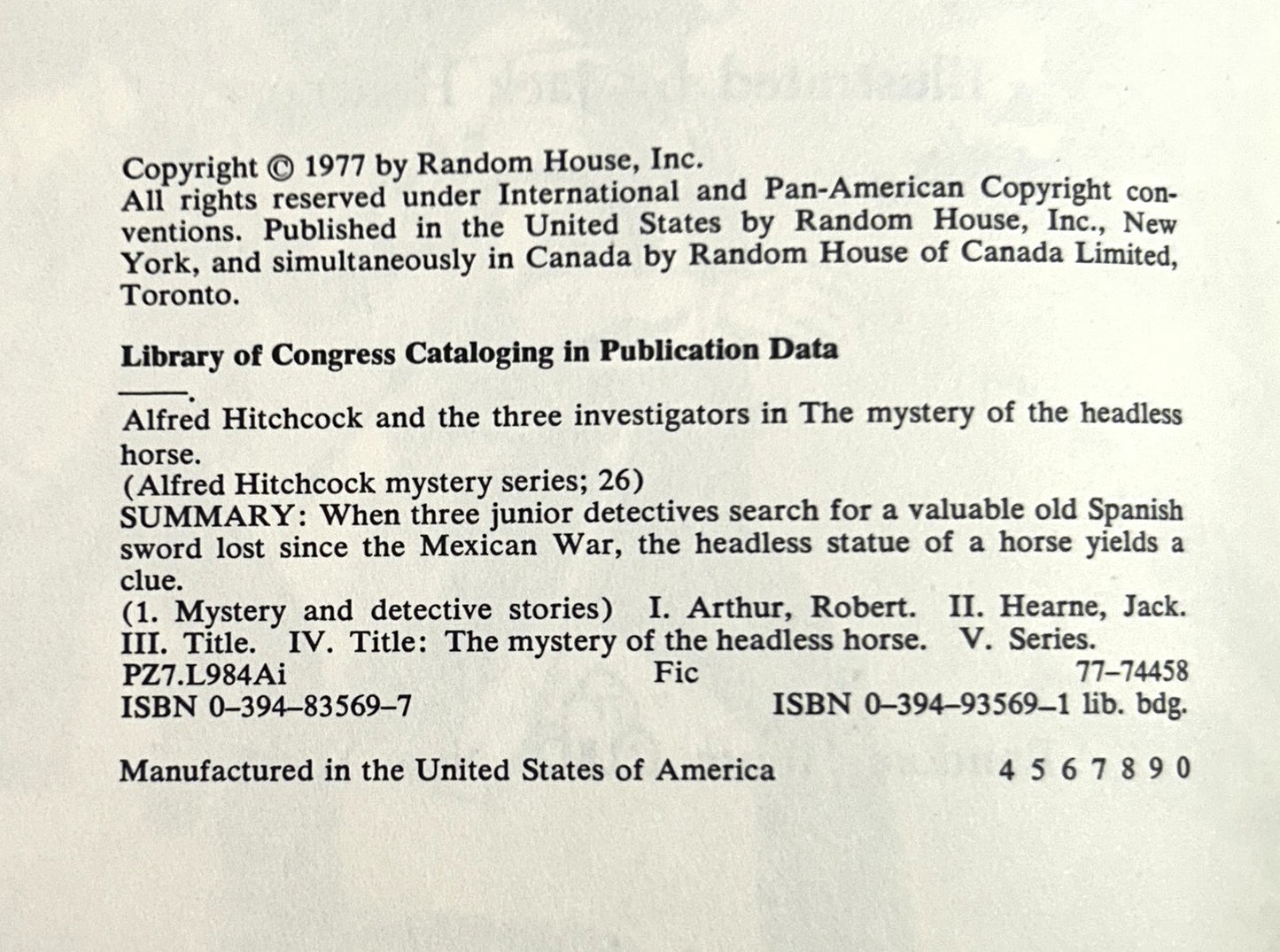 The Mystery of the Headless Horse (Alfred Hitchcock & the Three Investigators #26) stated 1977, likely Later Print