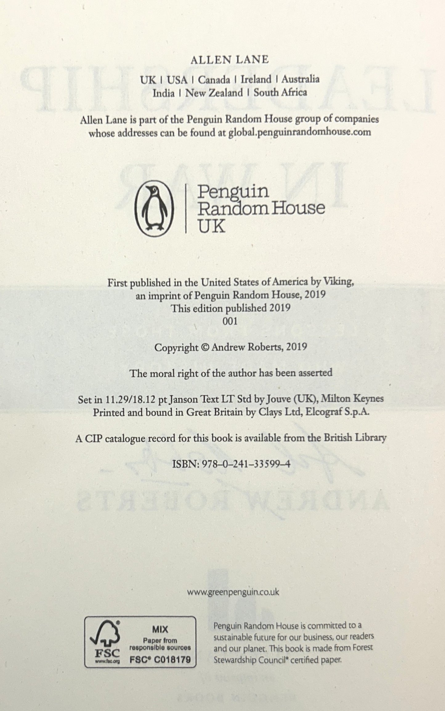 Leadership in War: Lessons from Those Who Made History by Andrew Roberts 2019 SIGNED