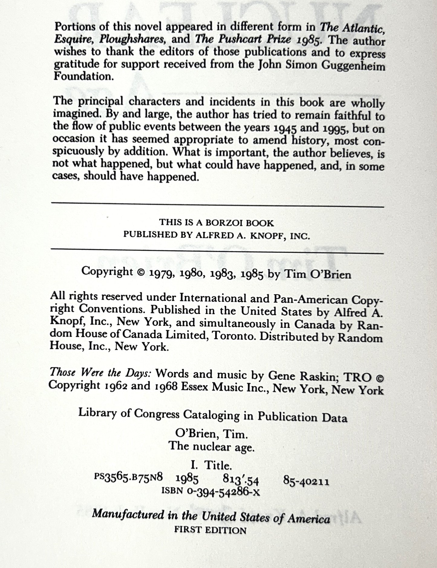 The Nuclear Age by Tim O'Brien 1985 1st Edition