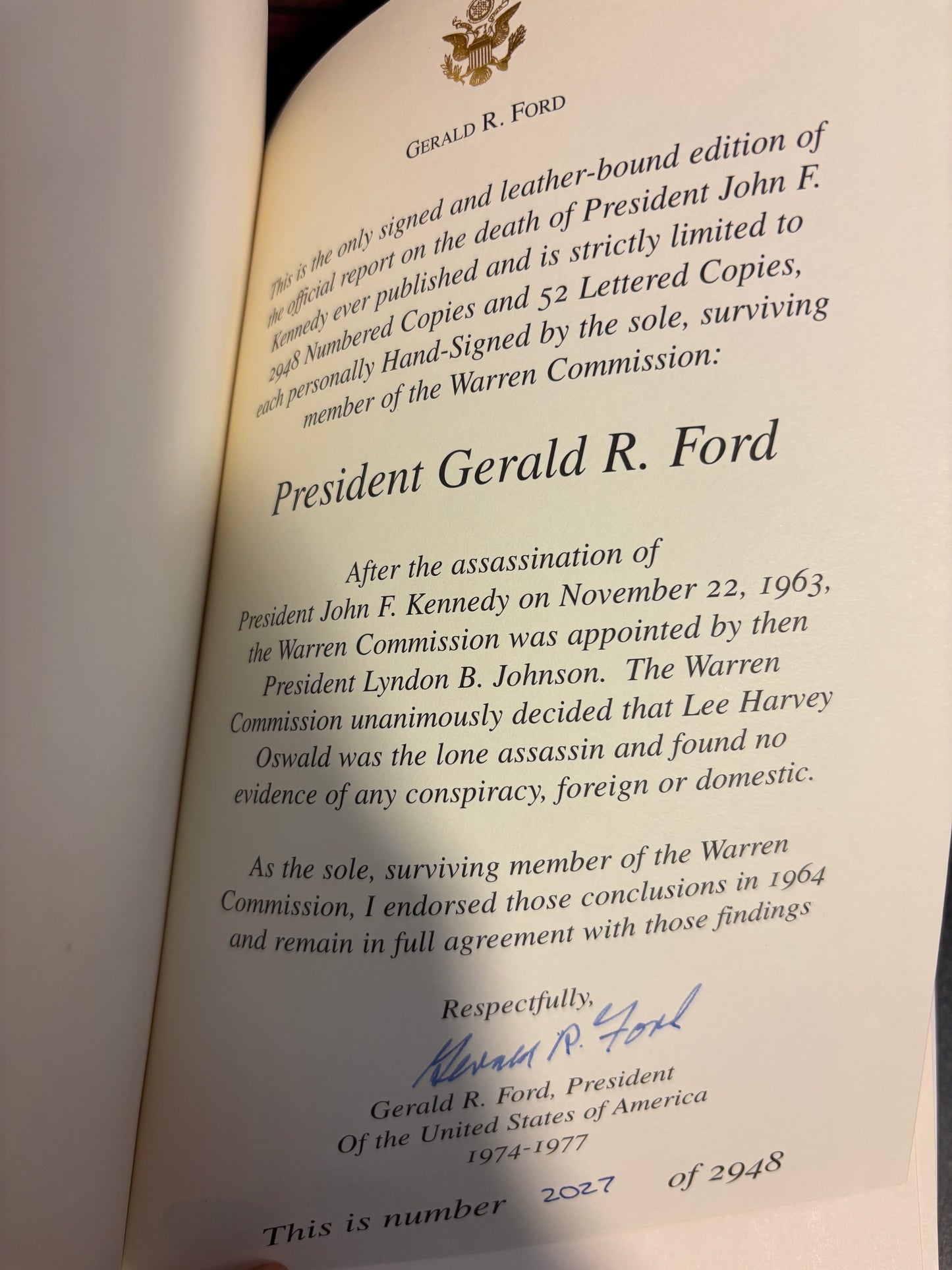 President John F Kennedy: Assassination Report of the Warren Commission SIGNED by Gerald R Ford