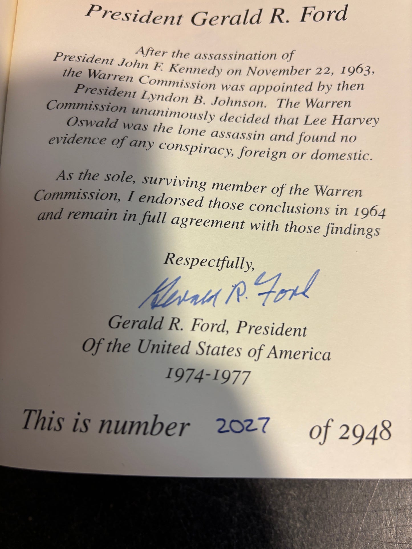 President John F Kennedy: Assassination Report of the Warren Commission SIGNED by Gerald R Ford