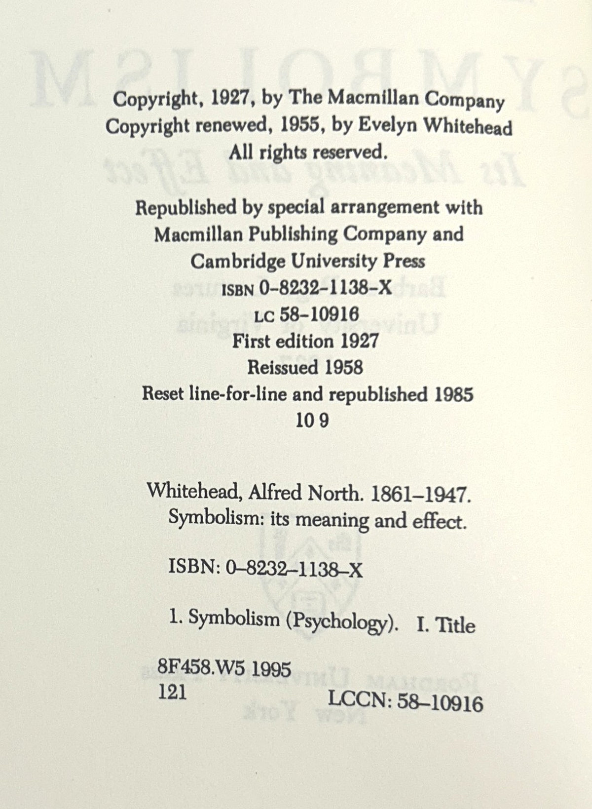 Symbolism: Its Meaning and Effect by Alfred North Whitehead 1995