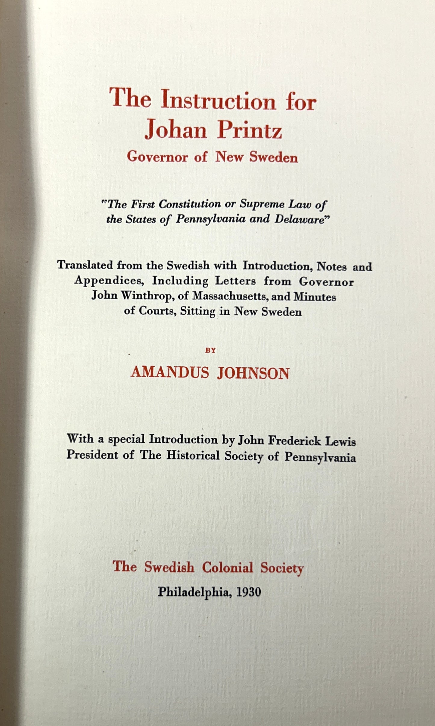 The Instruction for Johan Printz by Amandus Johnson 1930 in Box