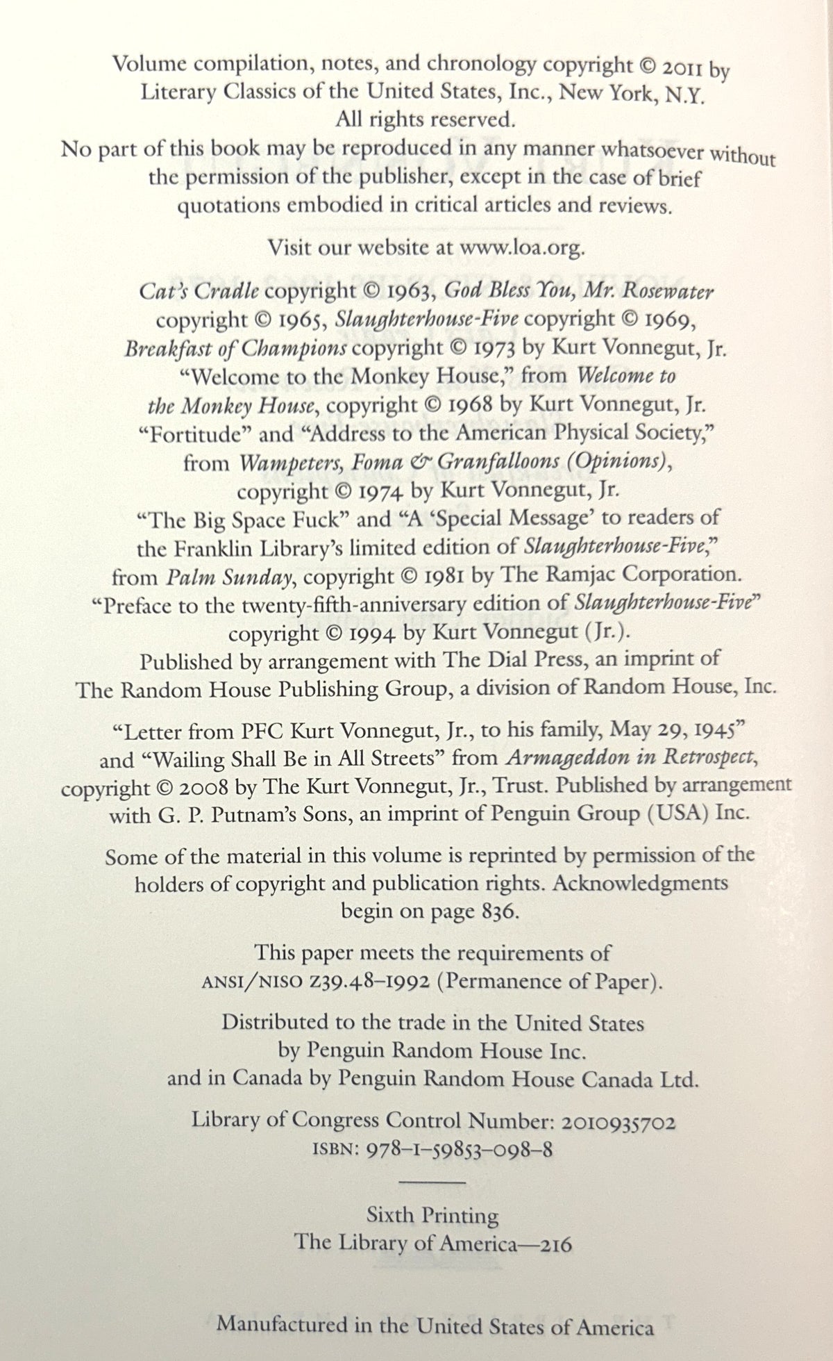 Library of America: Set of 4 Kurt Vonnegut 2011-2014 [1 SEALED]