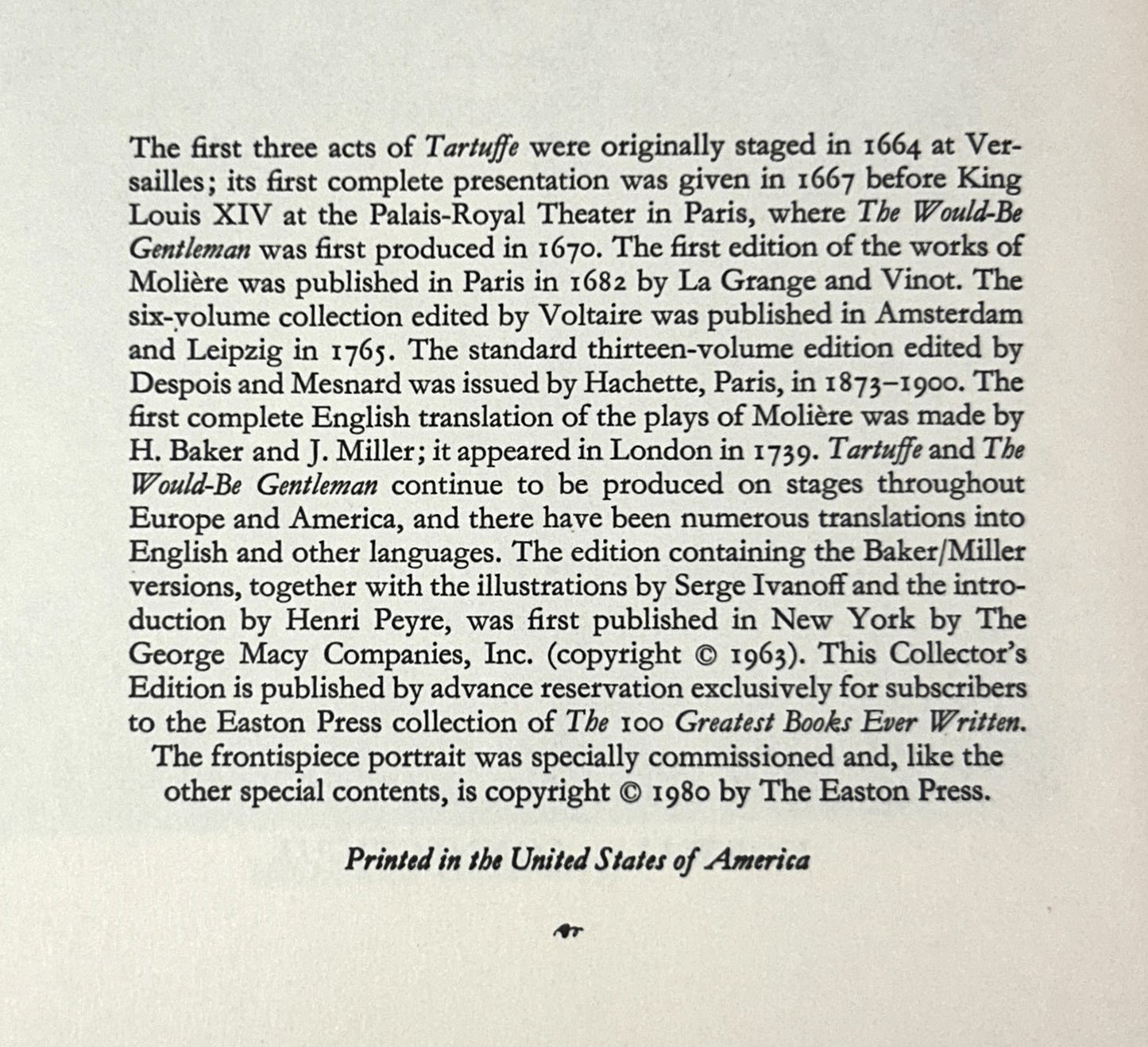 Easton Press: Two Plays by Molière 1980