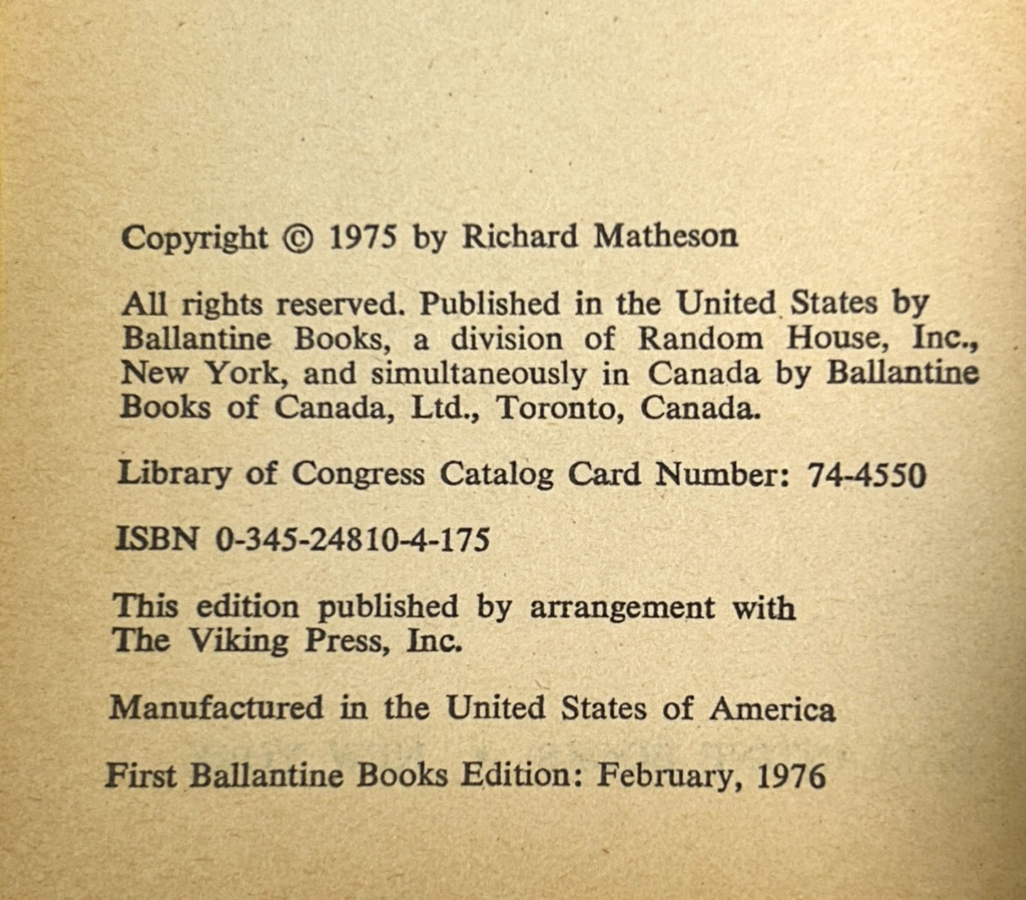 Bid Time Return by Richard Matheson 1976 1st Printing