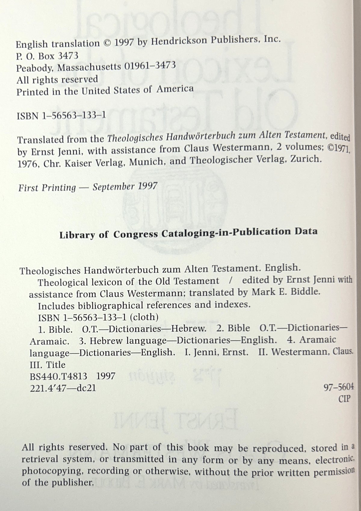 Set of 3 Theological Lexicon of the Old Testament by Ernst Jenni & Claus Westermann 1997