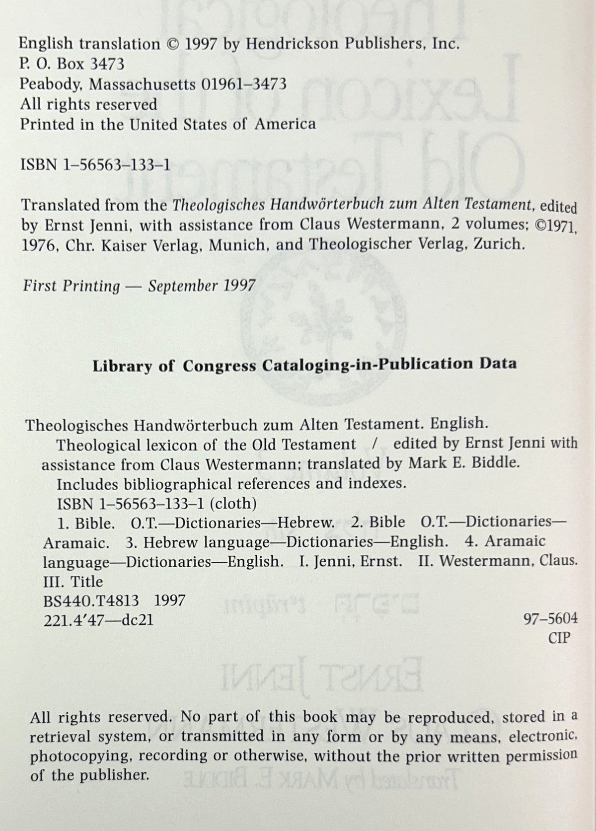 Set of 3 Theological Lexicon of the Old Testament by Ernst Jenni & Claus Westermann 1997