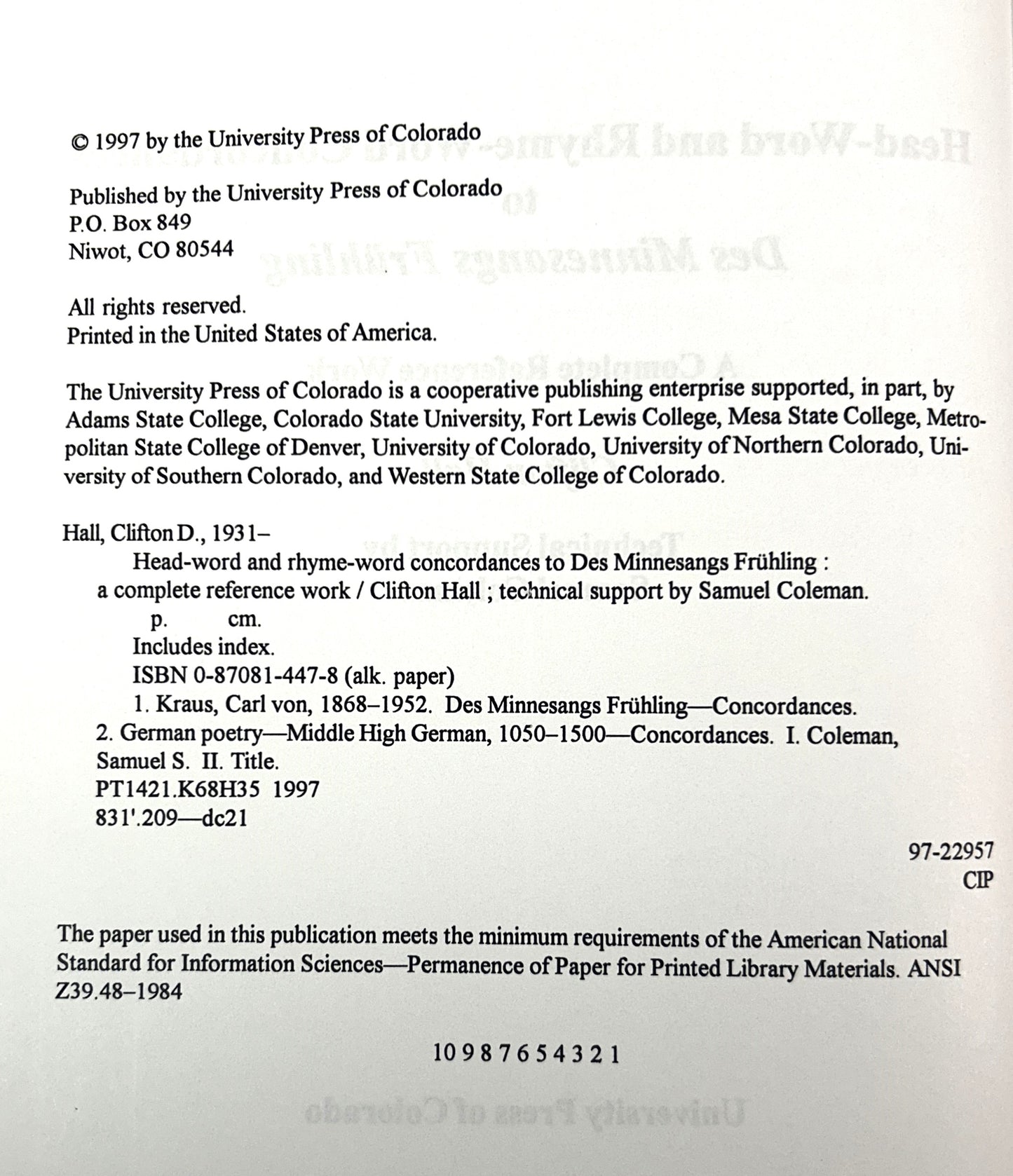 Head-Word and Rhyme-Word Concordances to Des Minnesangs Fruhling: A Complete Reference Work by Clifton Hall 1997 German/English Text