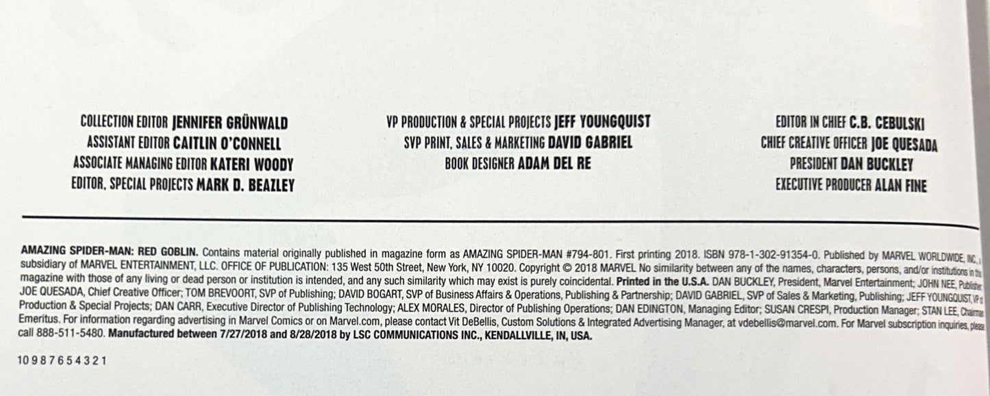 Marvel: The Amazing Spider-Man: Red Goblin 2018 1st Printing