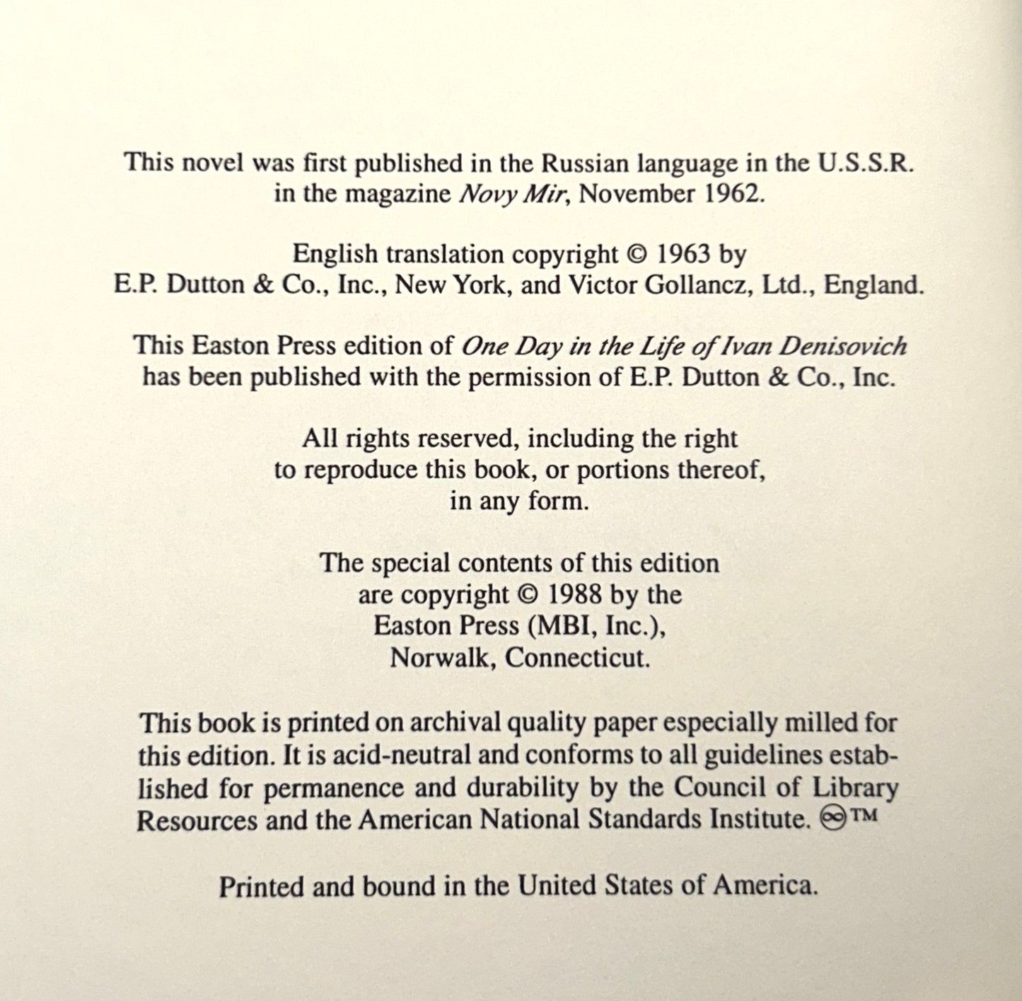 Easton Press: One Day in the Life of Ivan Denisovich by Alexander Solzhenitsyn