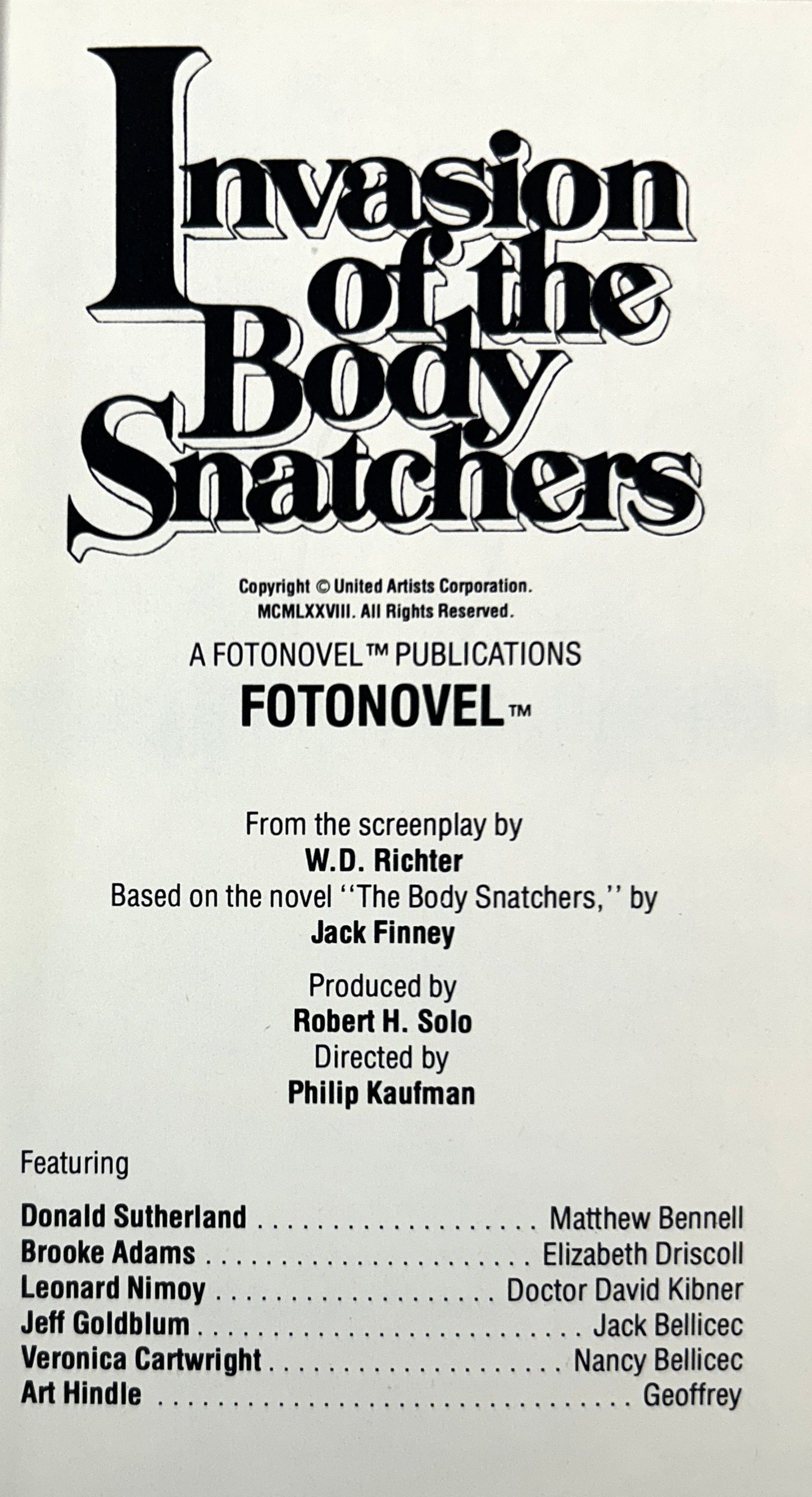 FotoNovel: Invasion of the Body Snatchers 1979 1st Printing