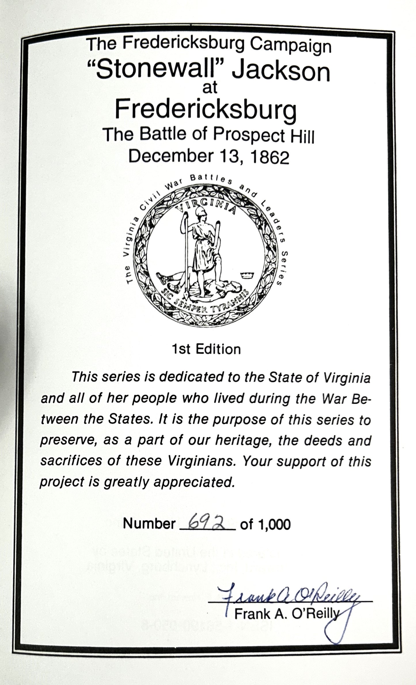 The Fredericksburg Campaign "Stonewall" Jackson at Fredericksburg1993 SIGNED 1st Limited Edition #692/1000