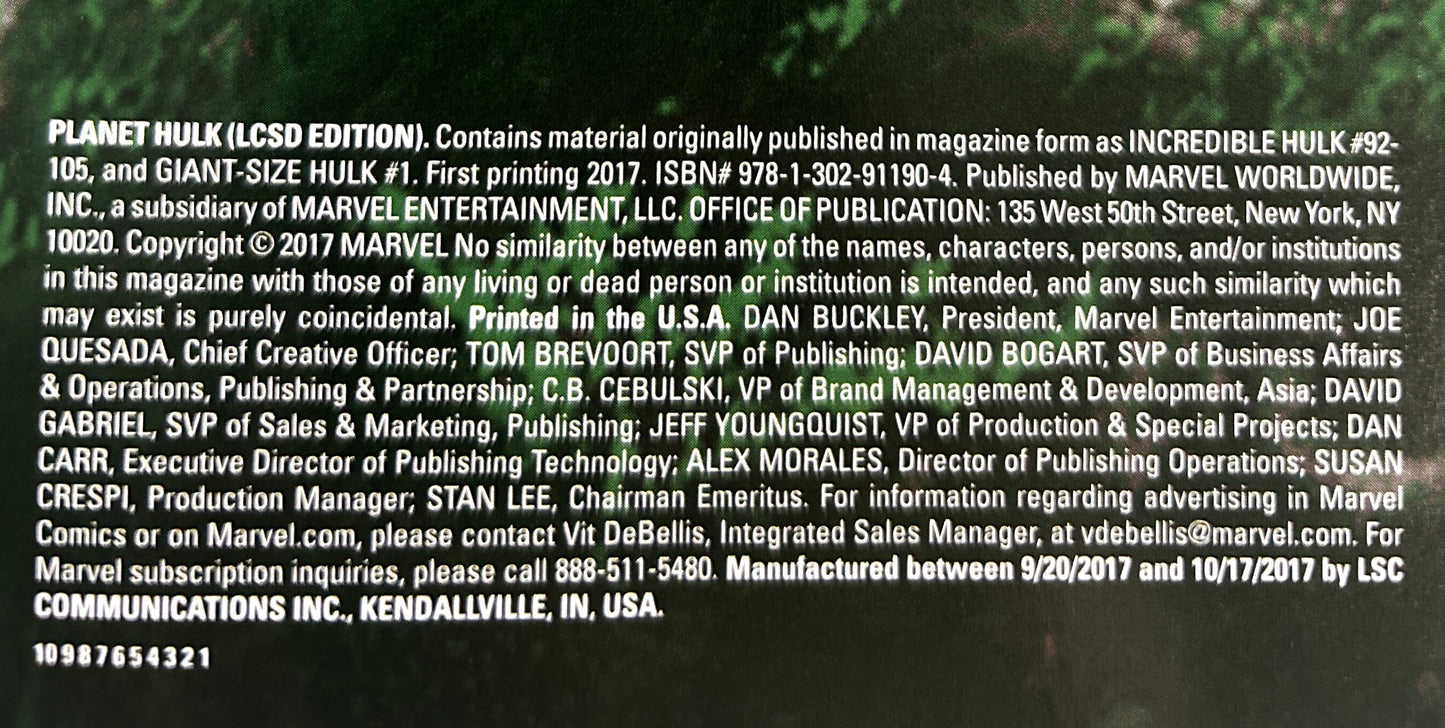 Marvel: Planet Hulk 2017 1st Printing