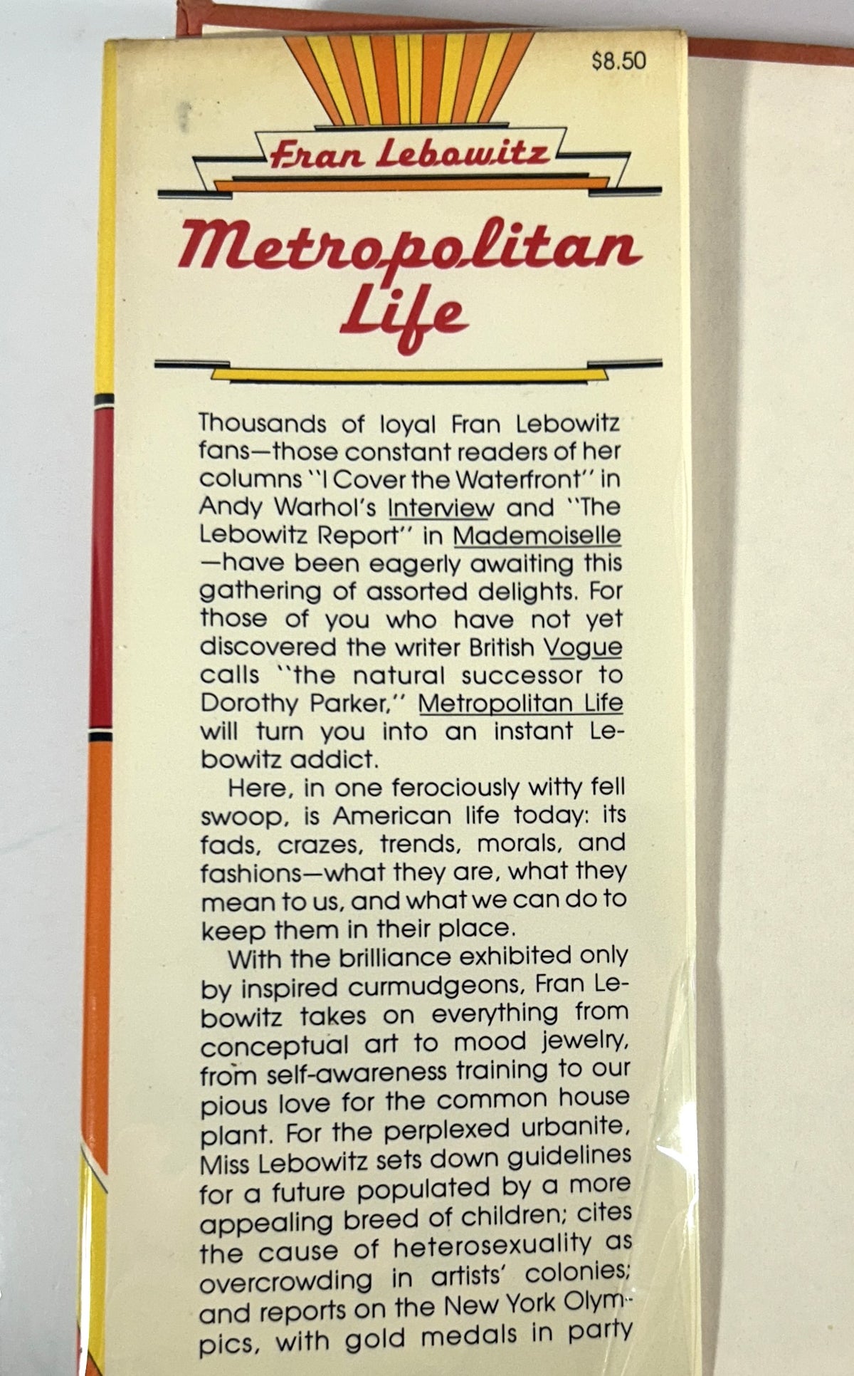 Metropolitan Life by Fran Lebowitz 1978 SIGNED