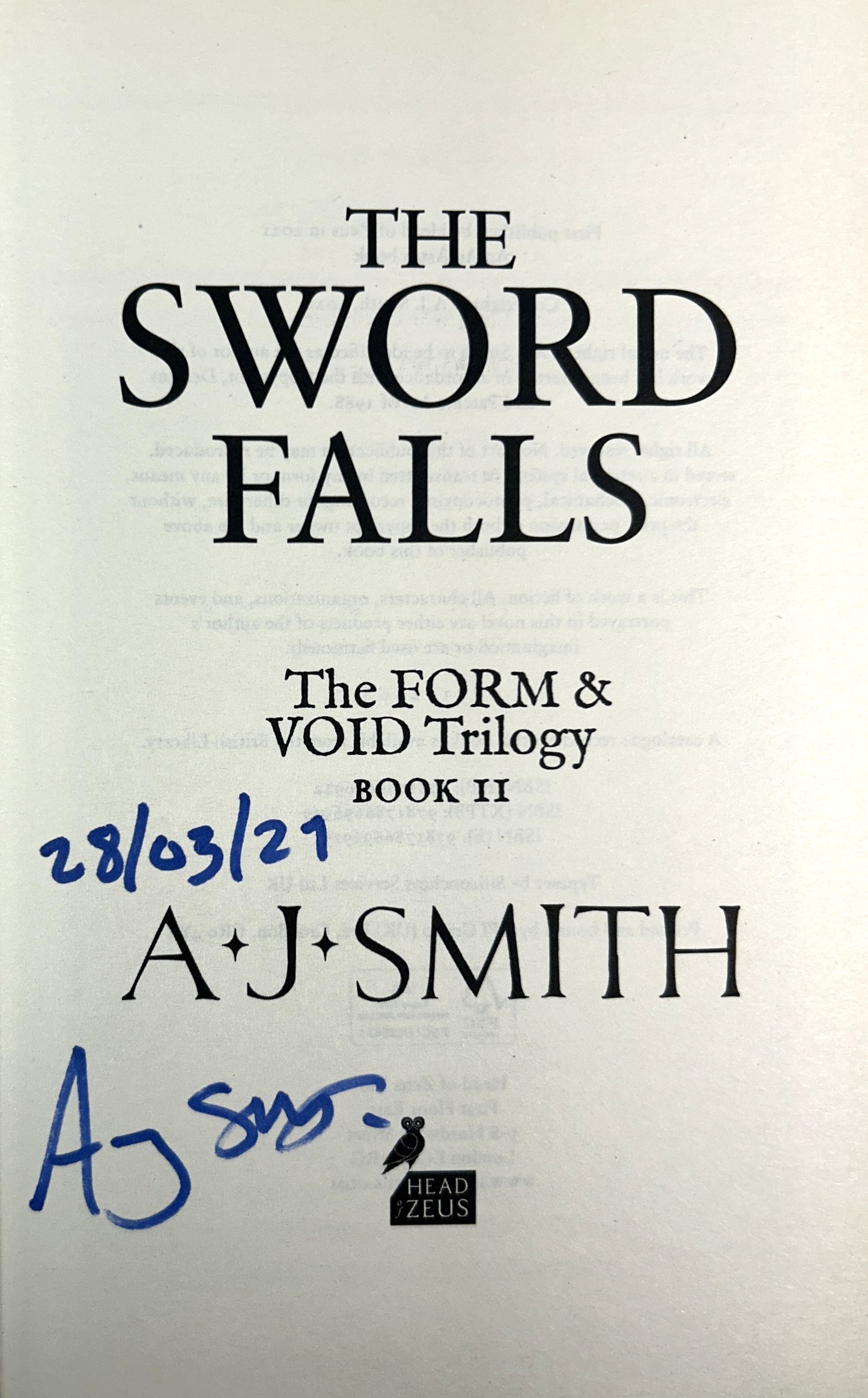 The Sword Falls (Form and Void #2) by AJ Smith 2021 SIGNED 1st UK Edition