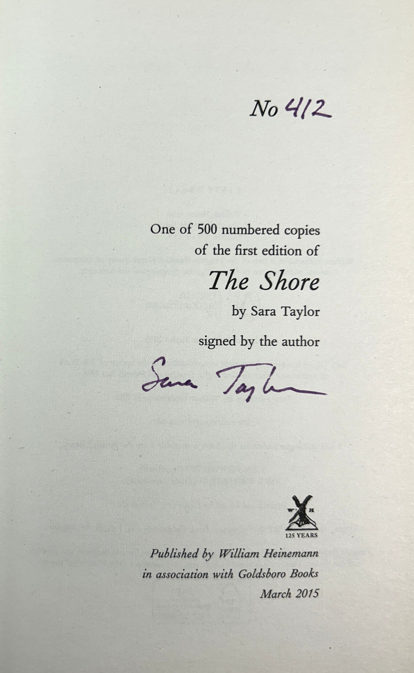 The Shore by Sara Taylor 2015 SIGNED Limited Edition #412/500 SPRAYED EDGES