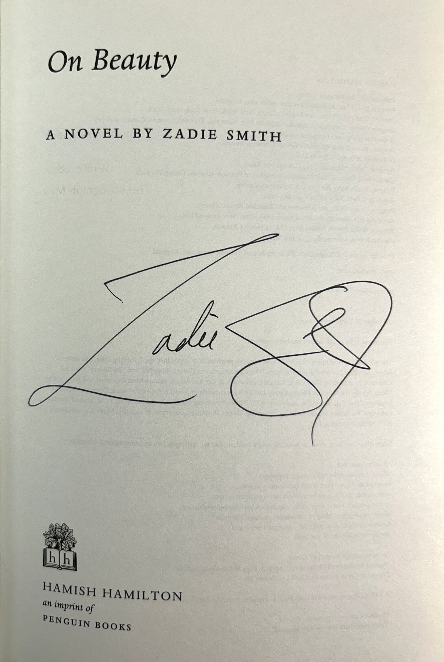 On Beauty by Zadie Smith 2005 SIGNED 1st UK Edition