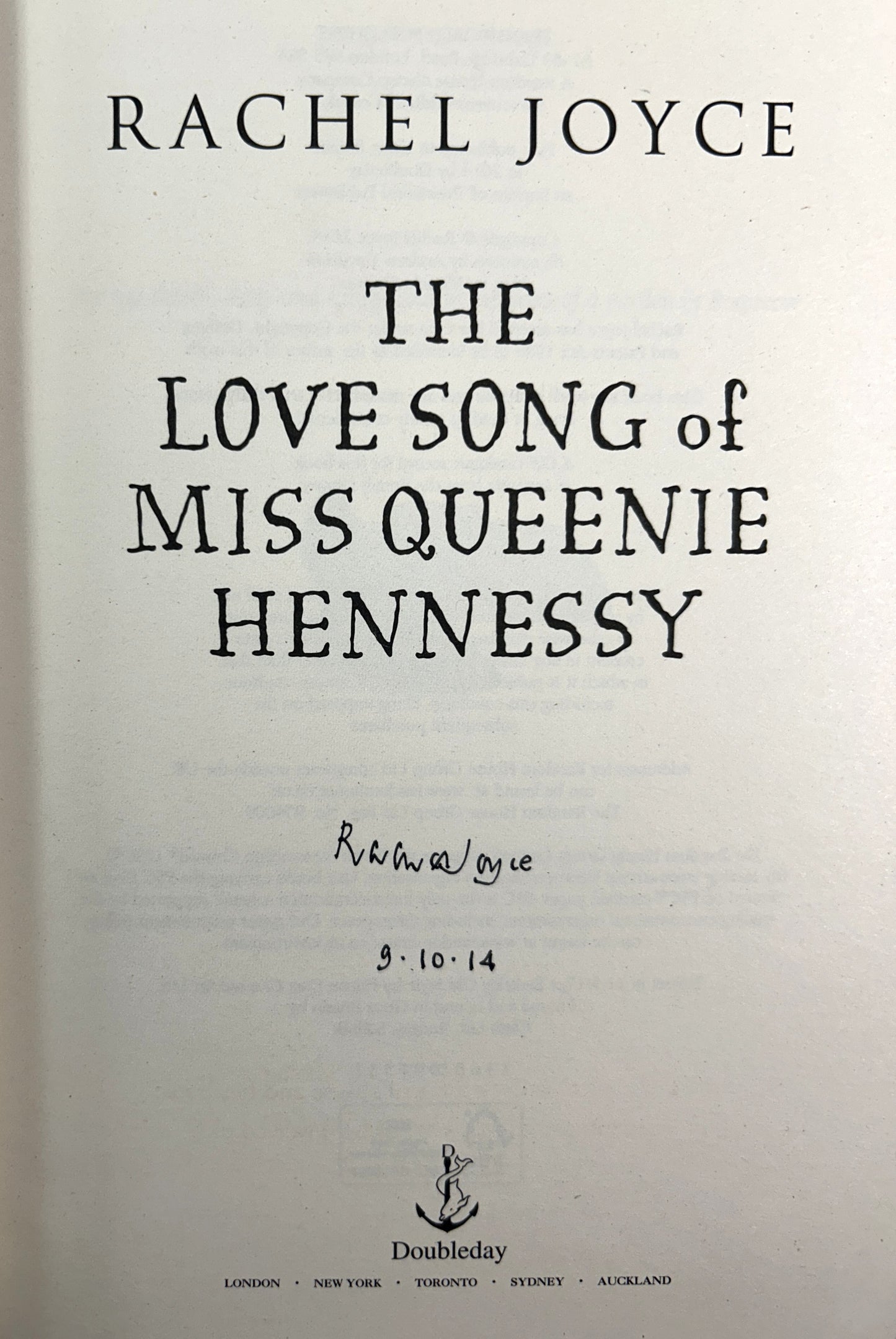 The Love Song of Miss Queenie Hennessy by Rachel Joyce 2014 SIGNED Limited Edition #86/500