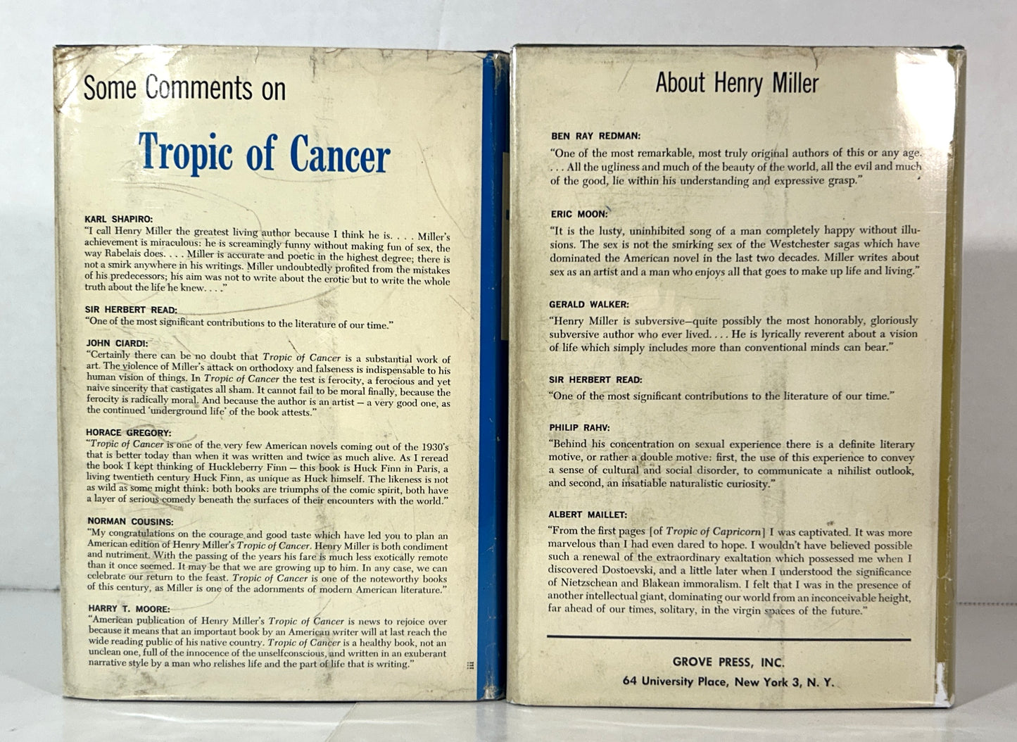 Tropic of Capricorn/Tropic of Cancer by Henry Miller 1961 1st/3rd Printings