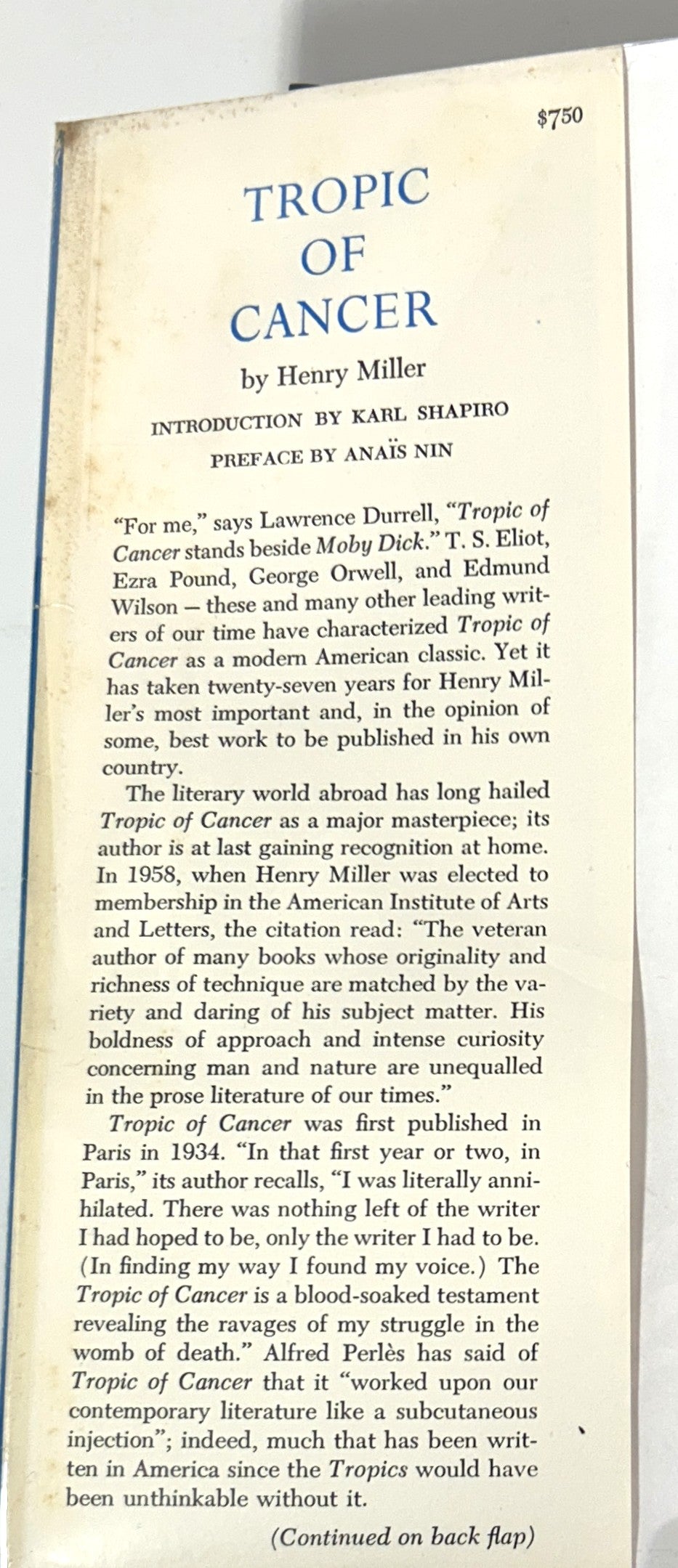 Tropic of Capricorn/Tropic of Cancer by Henry Miller 1961 1st/3rd Printings