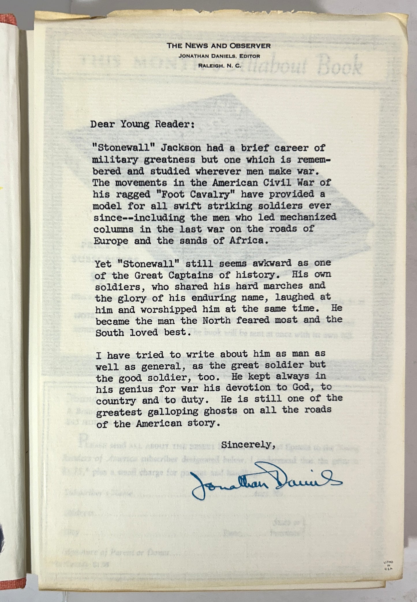 Landmark #86: Stonewall Jackson by Jonathan Daniels 1959 1st w/ SIGNED Letter