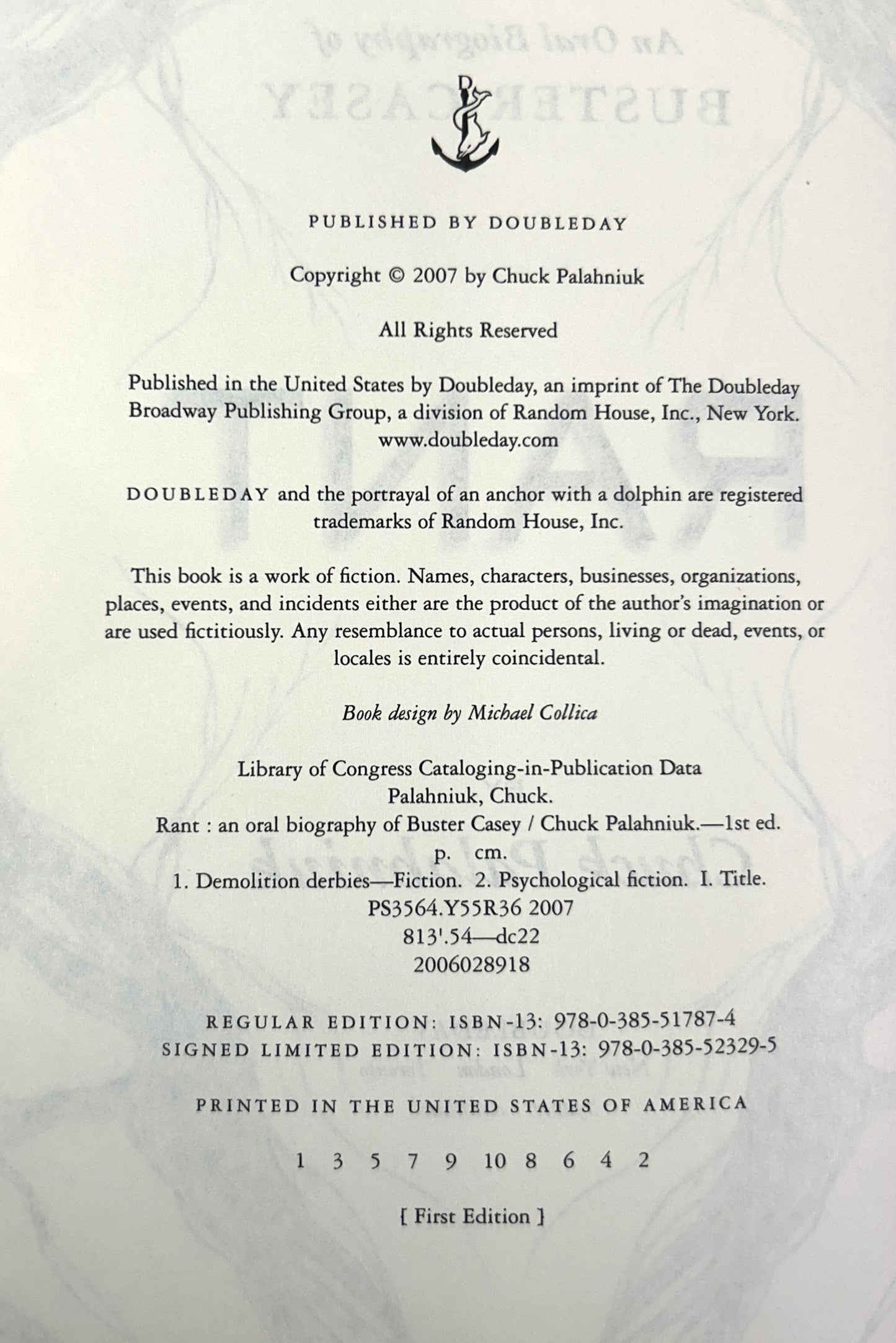 Rant: An Oral Biography of Buster Casey by Chuck Palahniuk 2007 SIGNED 1st Edition