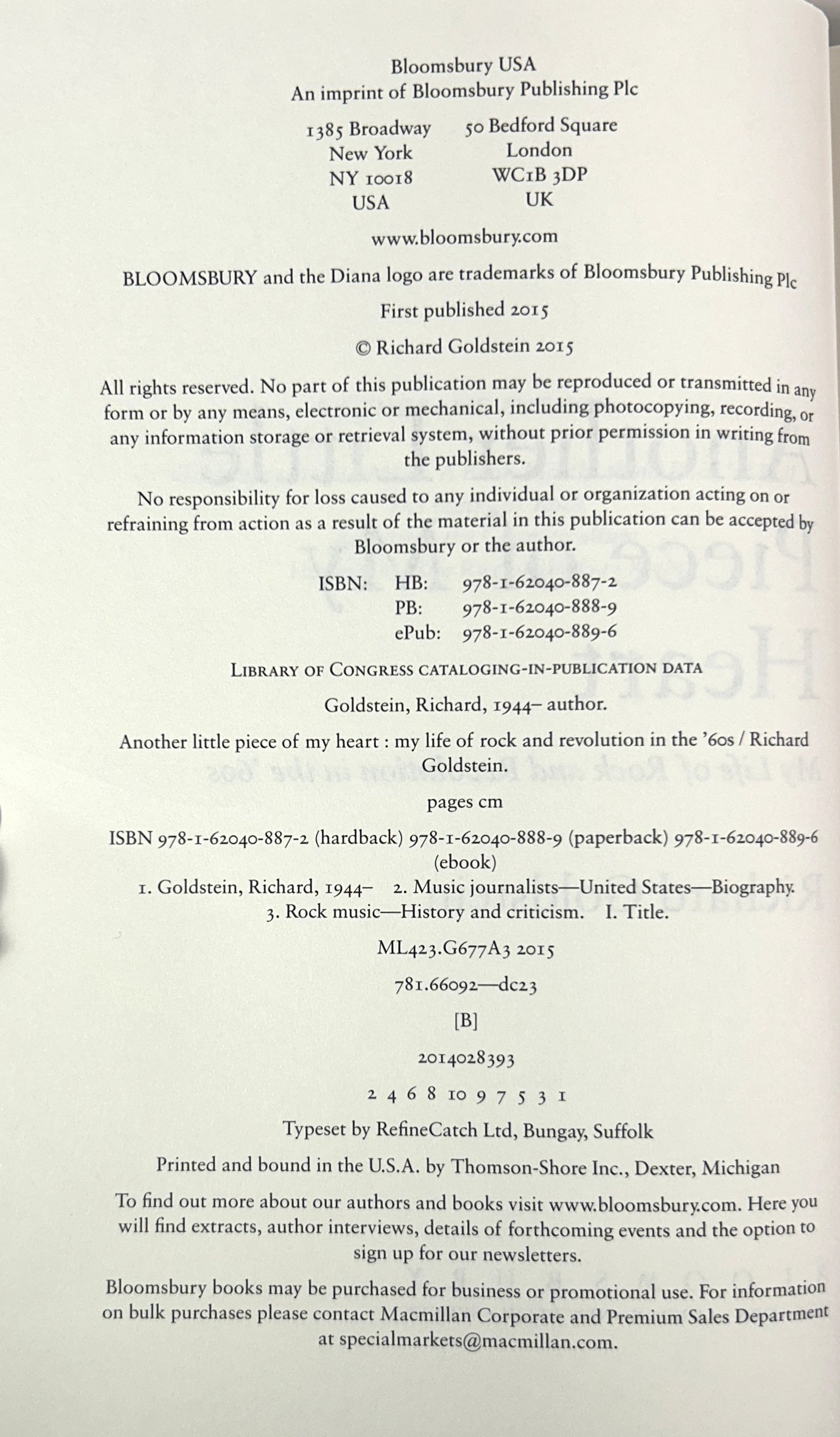 Another Little Piece of My Heart: My Life of Rock & Revolution in the 60s by Richard Goldstein 2015 SIGNED