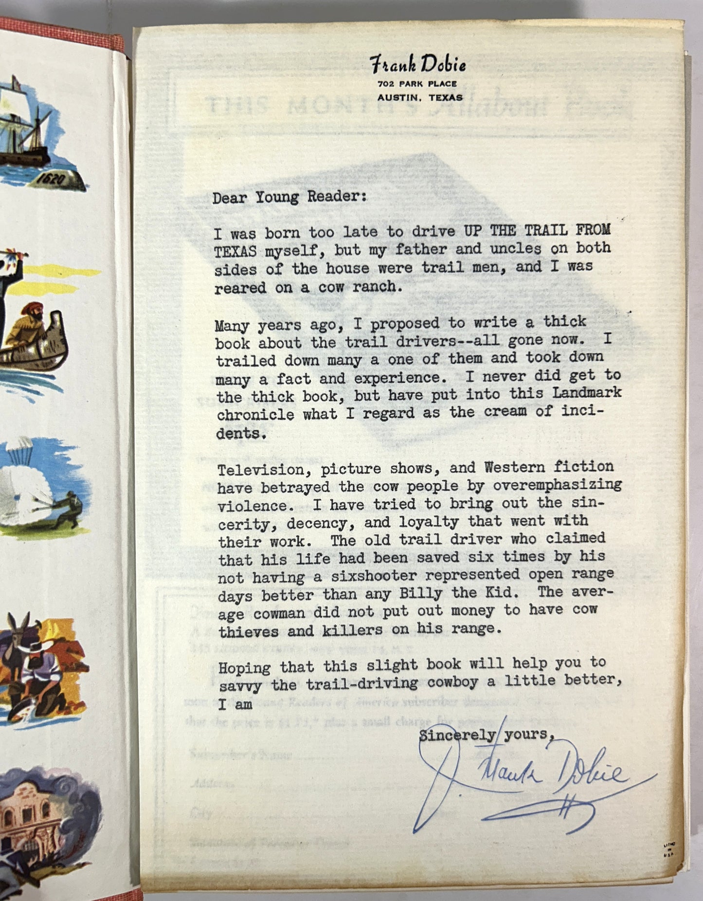 Landmark #60: Up the Trail from Texas by J. Frank Dobie 1955 4th Printing w/ SIGNED Author's Letter