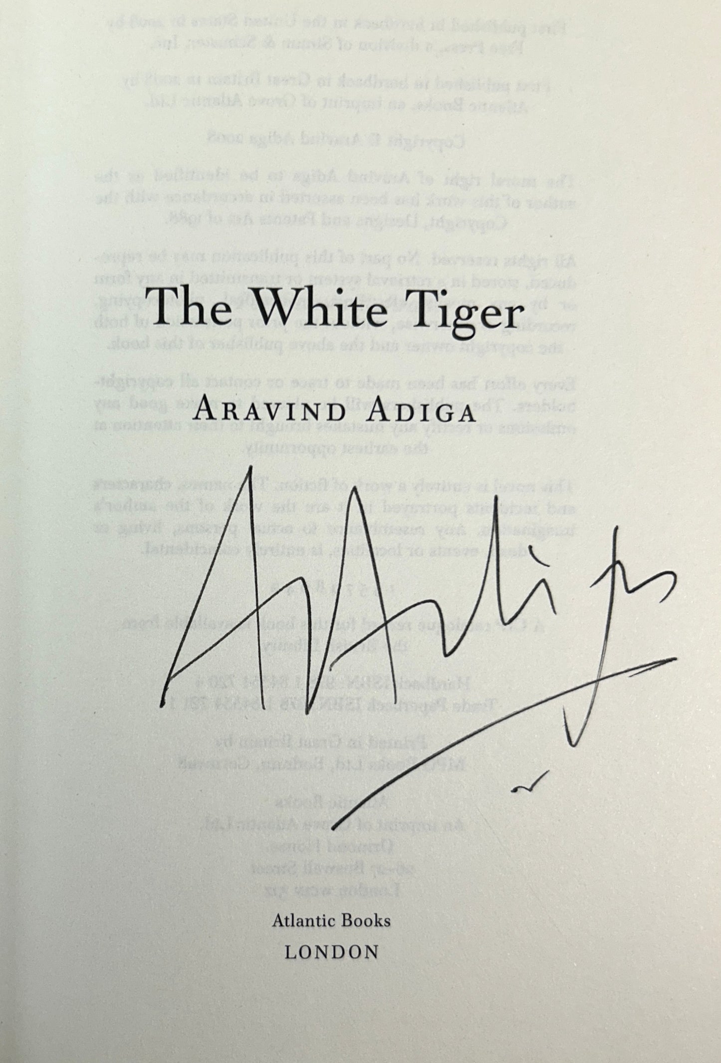 White Tiger by Aravind Adiga 2008 SIGNED 1st UK Edition