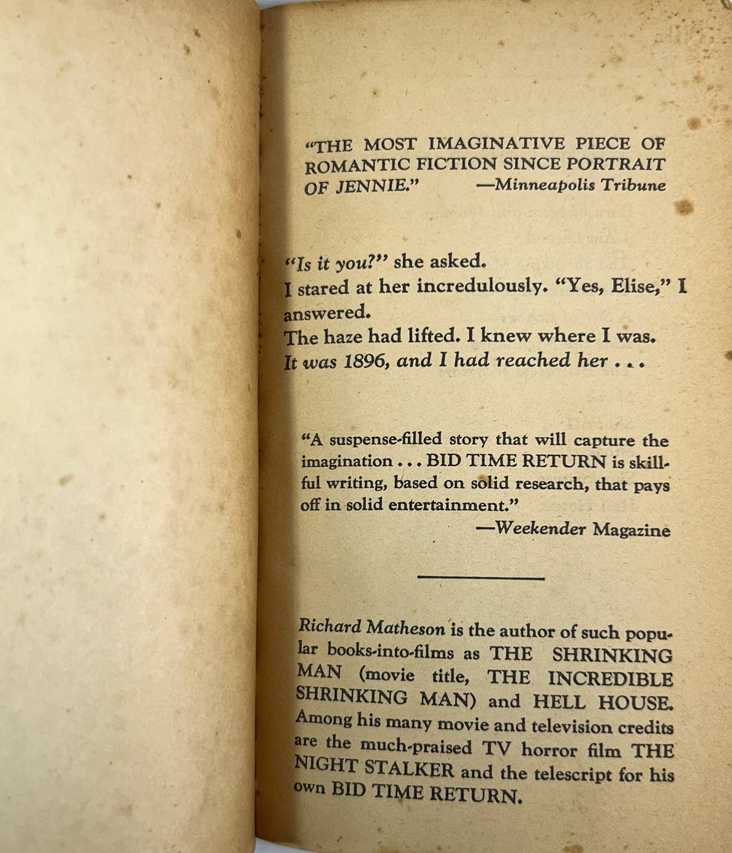 Bid Time Return by Richard Matheson 1975 1st Printing
