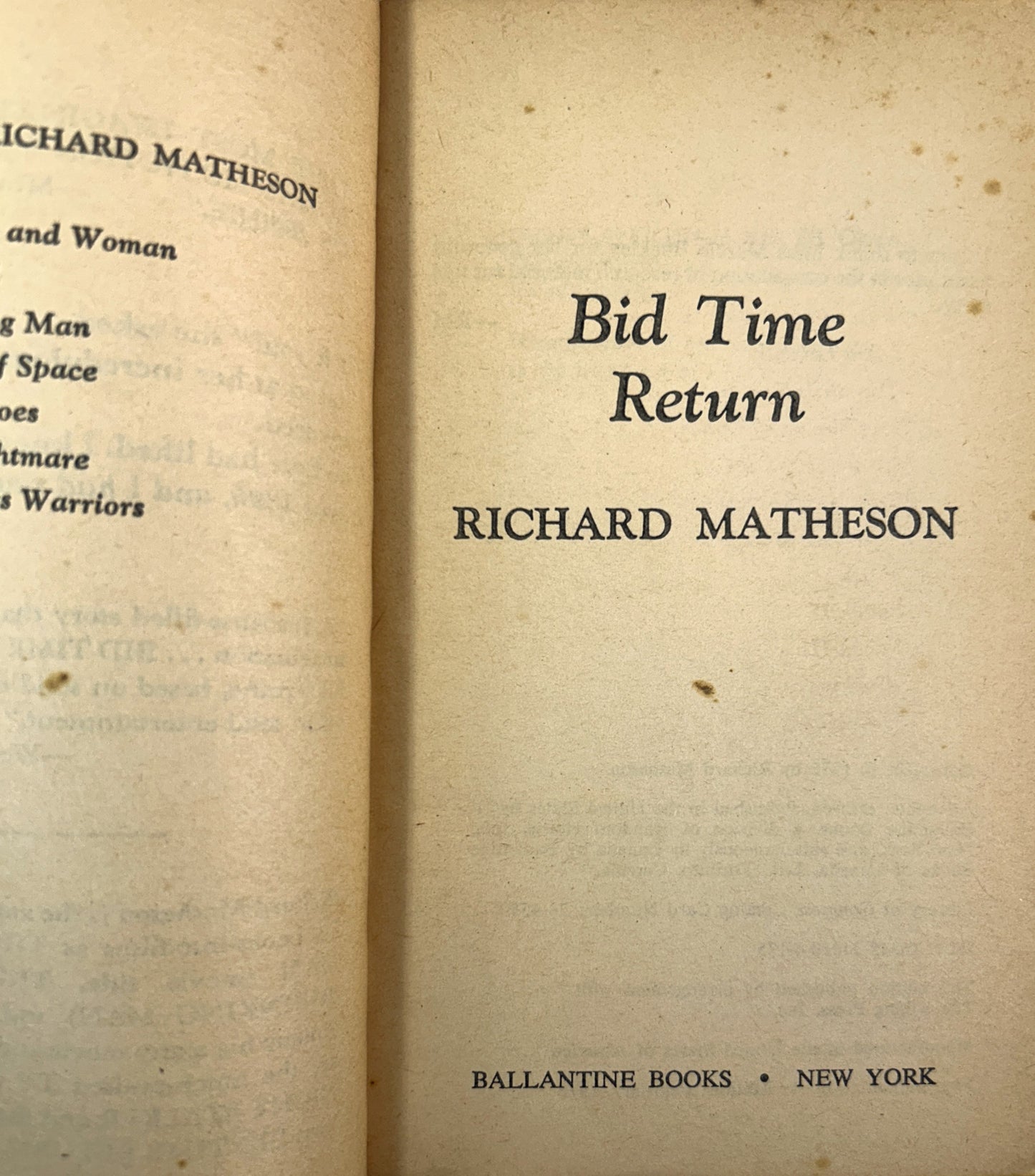 Bid Time Return by Richard Matheson 1975 1st Printing