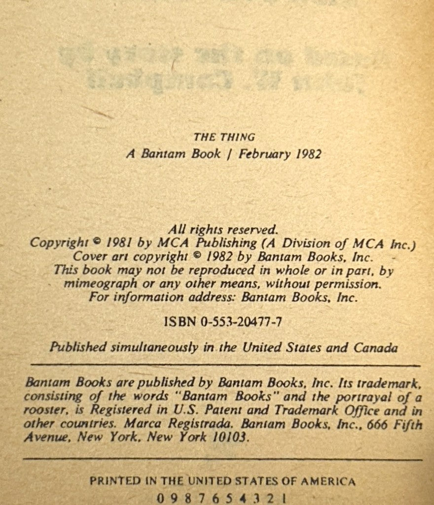 The Thing by Alan Dean Foster 1982 1st Printing