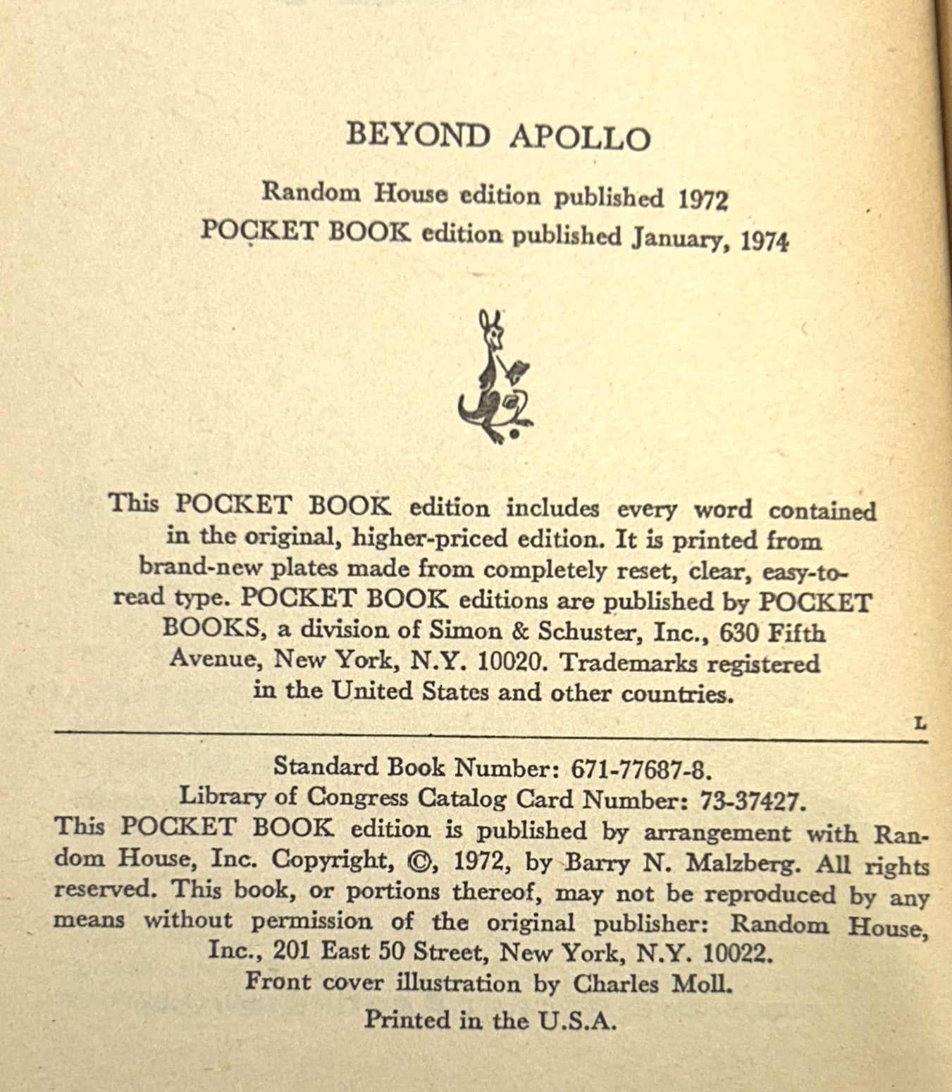 Beyond Apollo by Barry N. Malzberg 1974 1st Pocket Print