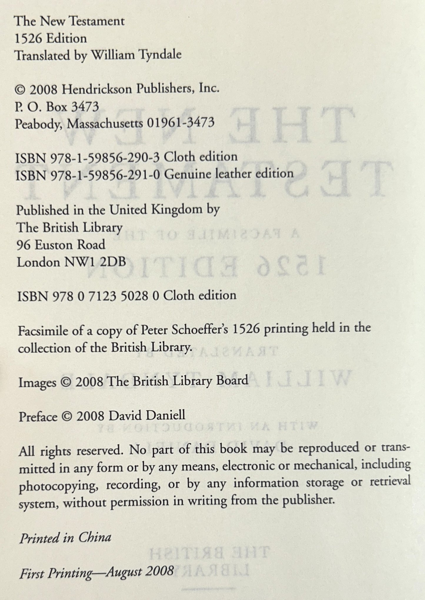 The New Testament: Facsimile of the 1526 Edition translated by William Tyndale 2008