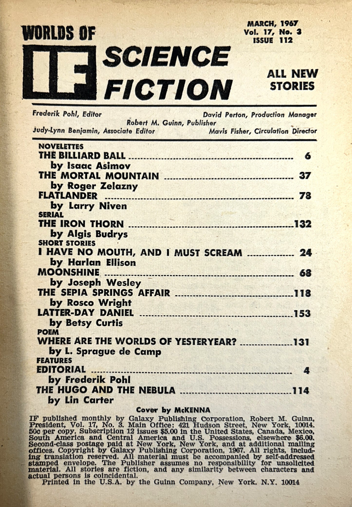 World of IF Science Fiction Vol. 17 No. 2 Issue 112 (I Have No Mouth & I Must Scream by Harlan Ellison) March 1967