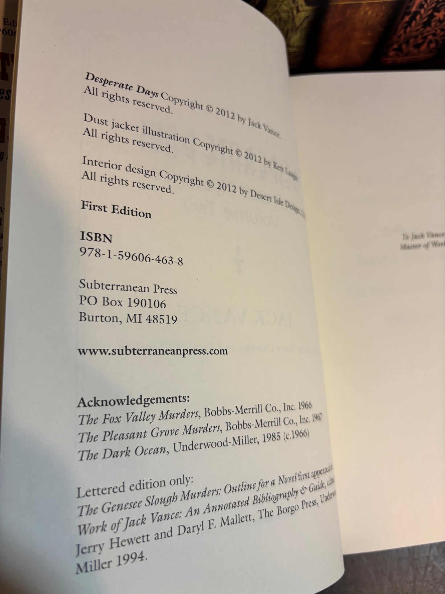 Desperate Days: Jack Vance Selected Mysteries Volume #2 Subterranean Press 2012