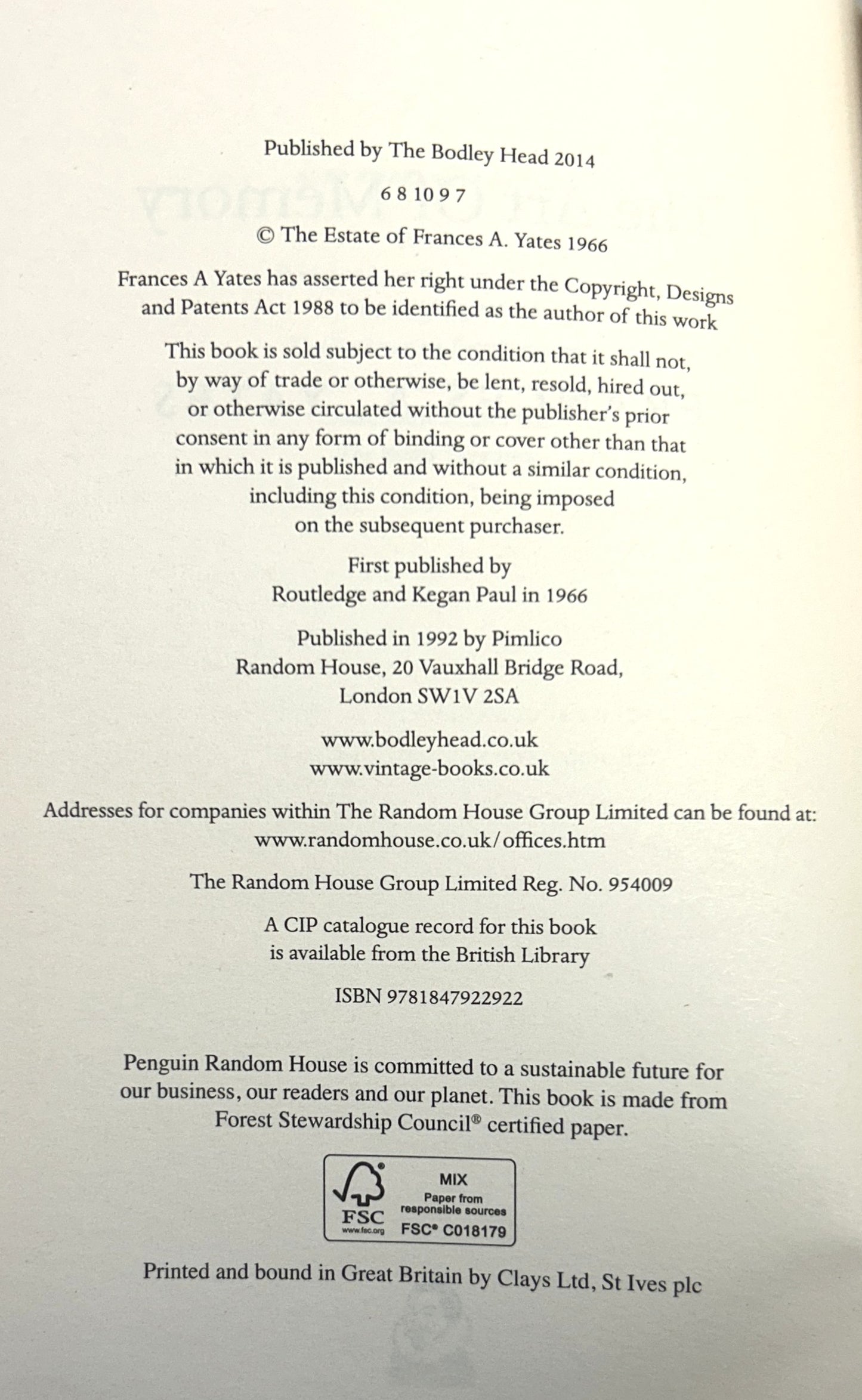 The Art of Memory by Frances Yates 2014