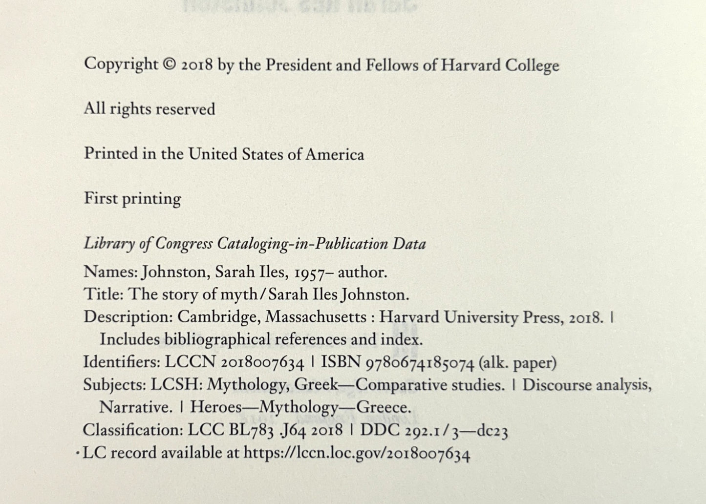 The Story of Myth by Sarah Iles Johnston 2018