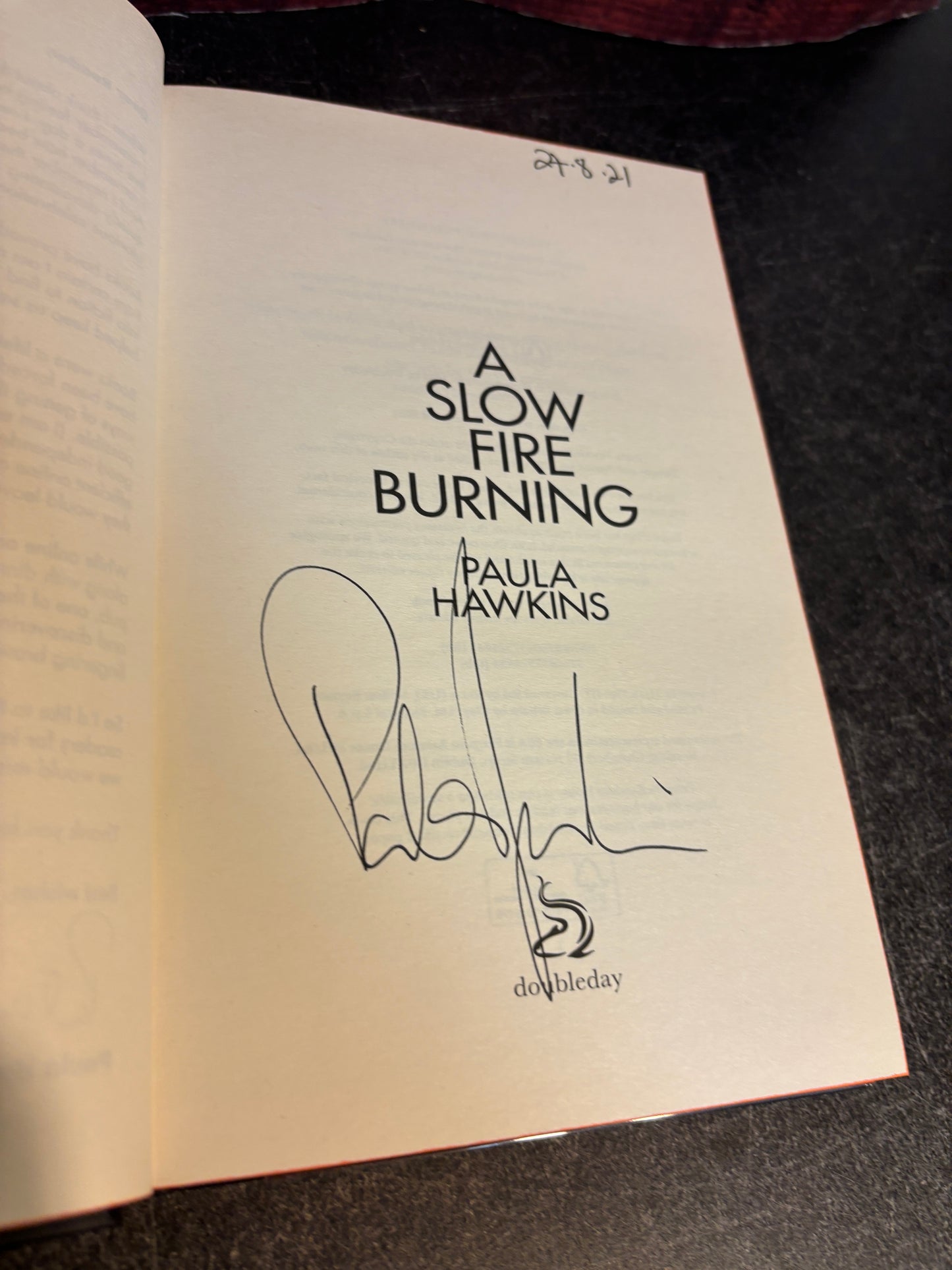 A Slow Fire Burning by Paula Hawkins SIGNED 1st Edition w/ Sprayed Edges