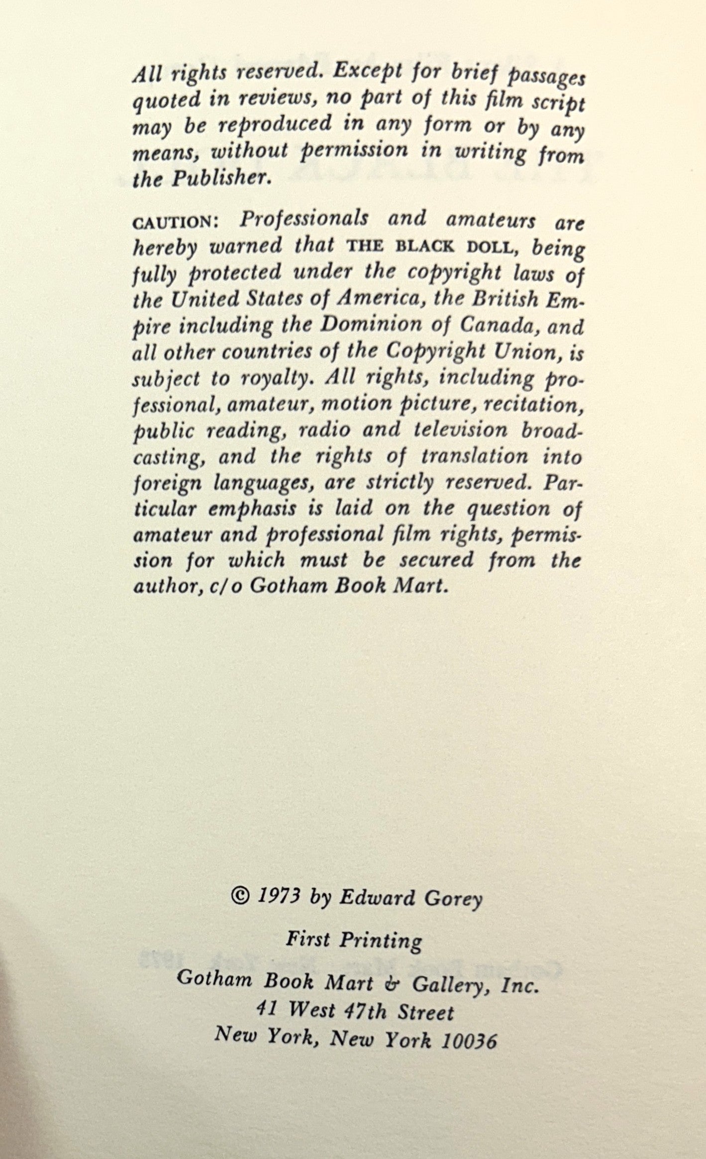 The Black Doll: A Silent Film by Edward Gorey 1973 Gotham Book Mart