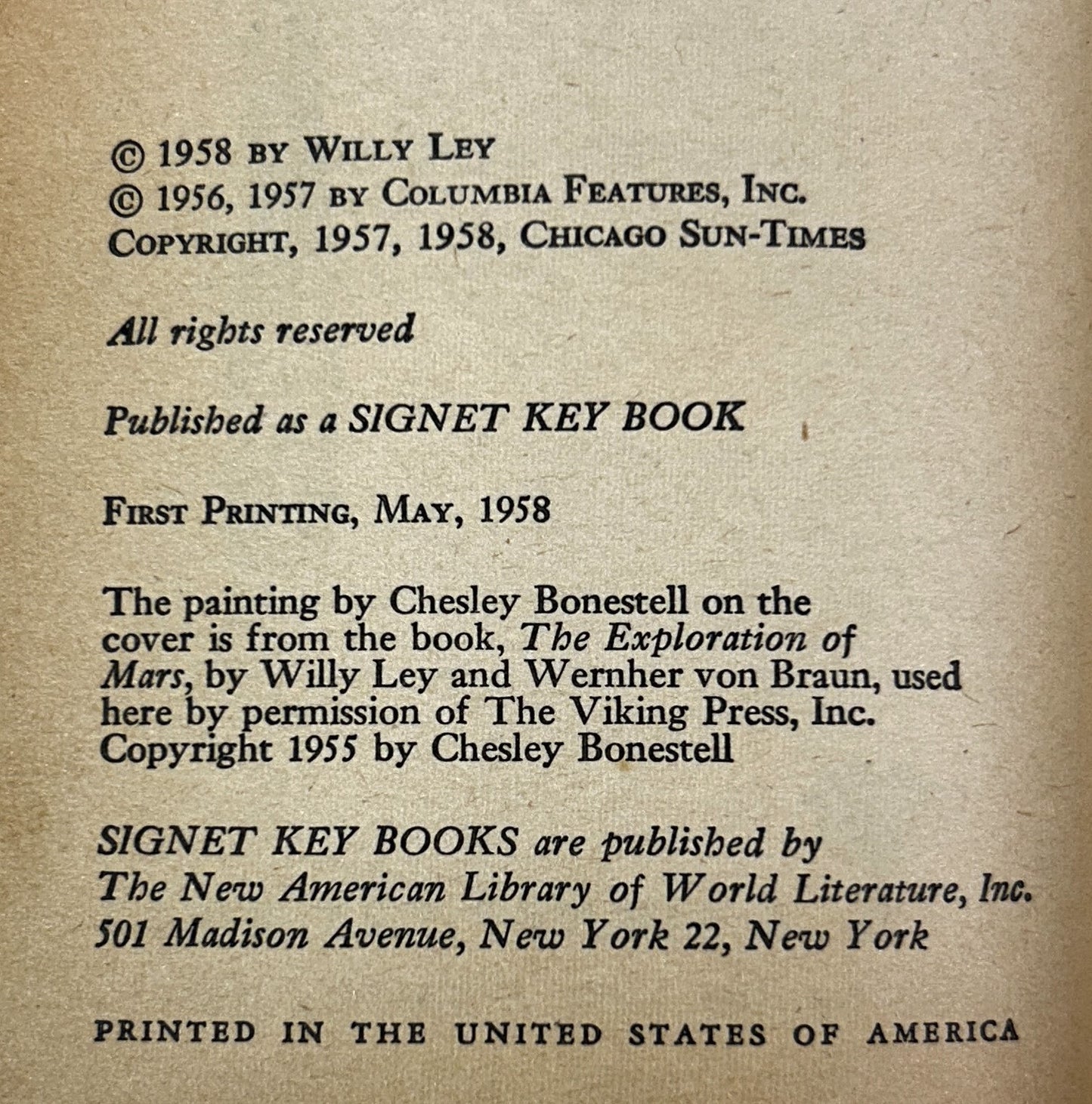 Satellites, Rockets and Outer Space by Willy Ley 1958 1st Printing