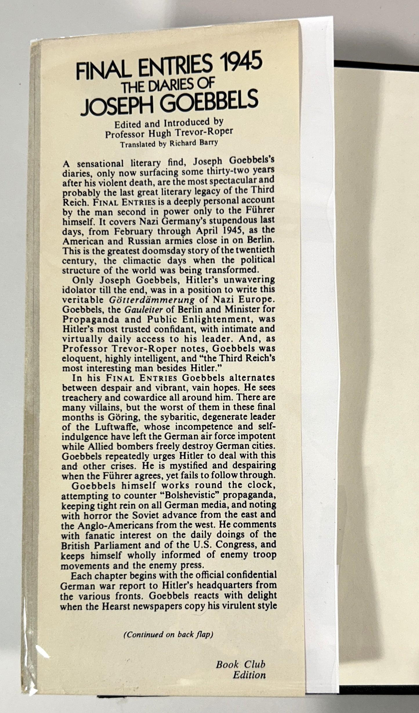 Final Entries 1945: The Diaries of Joseph Goebbels edited by Hugh Trevor-Roper 1978 Book Club Edition