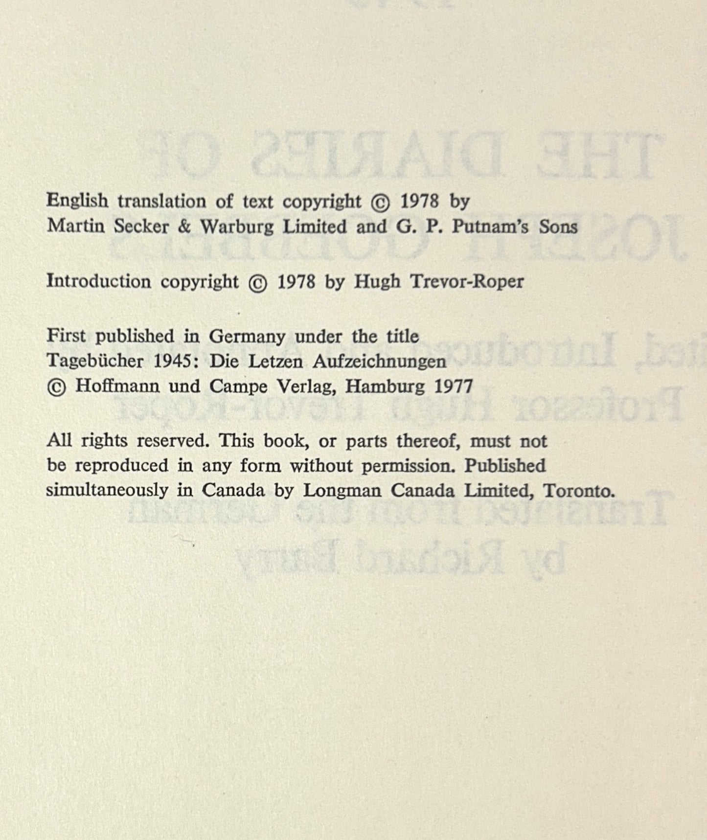 Final Entries 1945: The Diaries of Joseph Goebbels edited by Hugh Trevor-Roper 1978 Book Club Edition